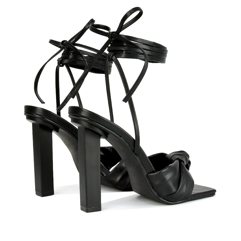 Evelyn Knot Detail Strappy Lace Up Square Toe Block High Heel Sandals in Black Synthetic Leather