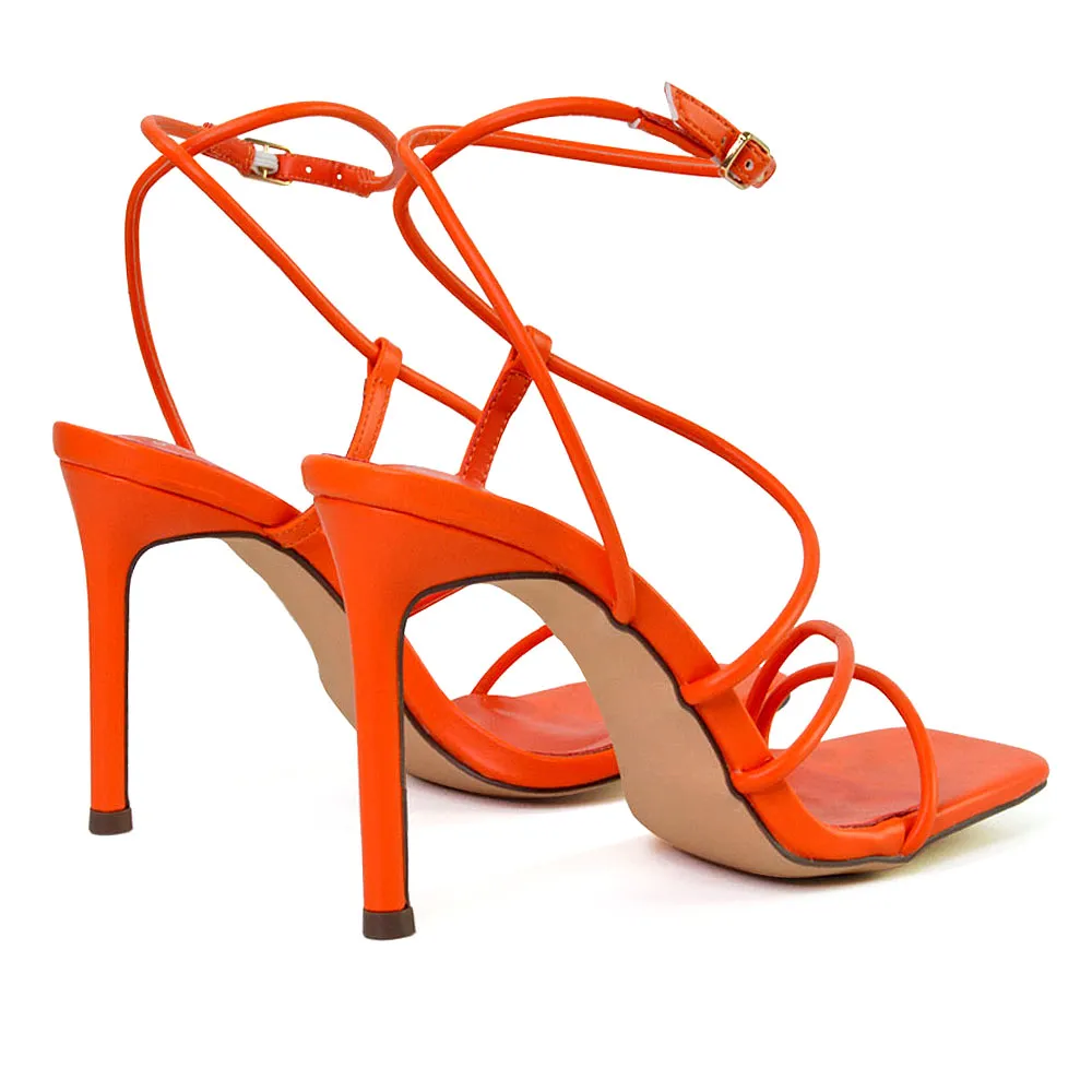 Flynn Strappy Buckle Up Square Toe Shoes With Stiletto High Heels in Orange