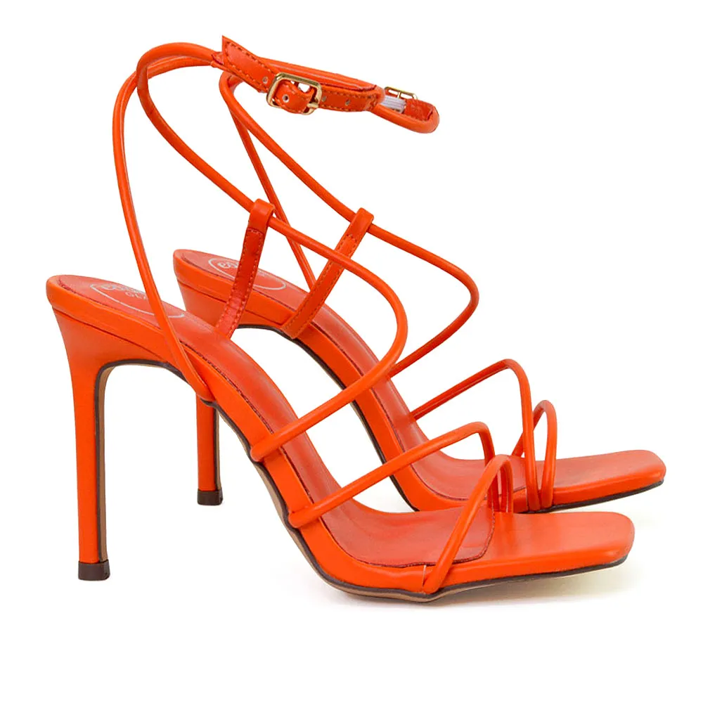 Flynn Strappy Buckle Up Square Toe Shoes With Stiletto High Heels in Orange