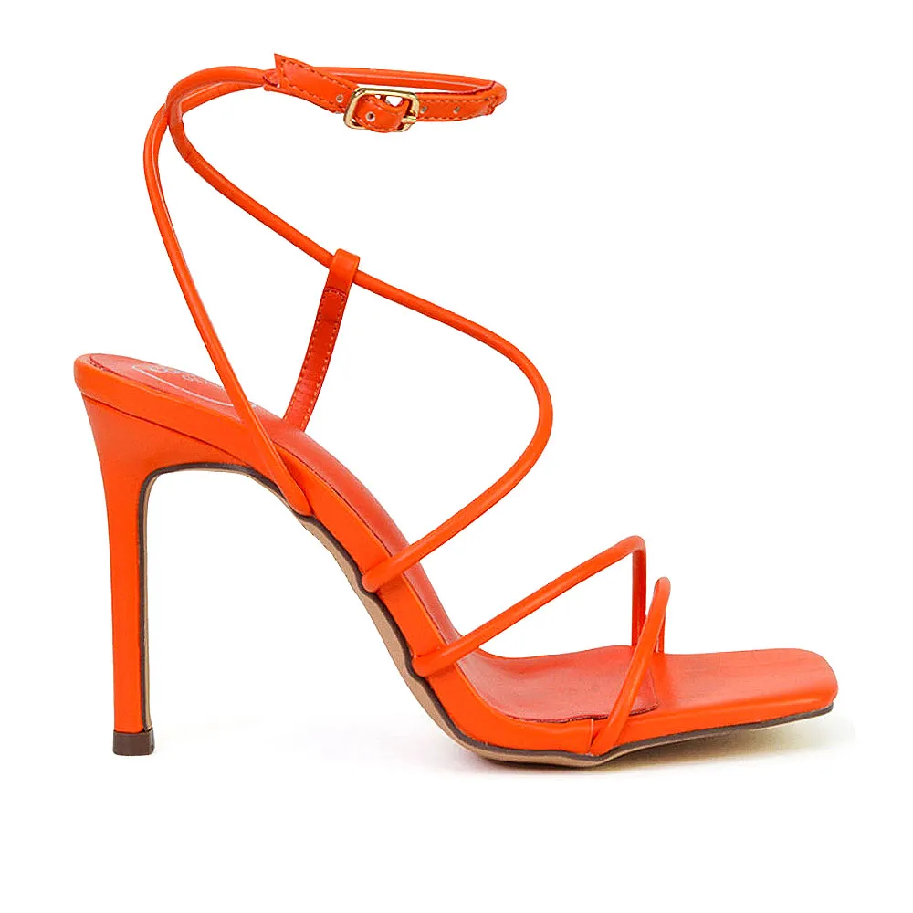 Flynn Strappy Buckle Up Square Toe Shoes With Stiletto High Heels in Orange