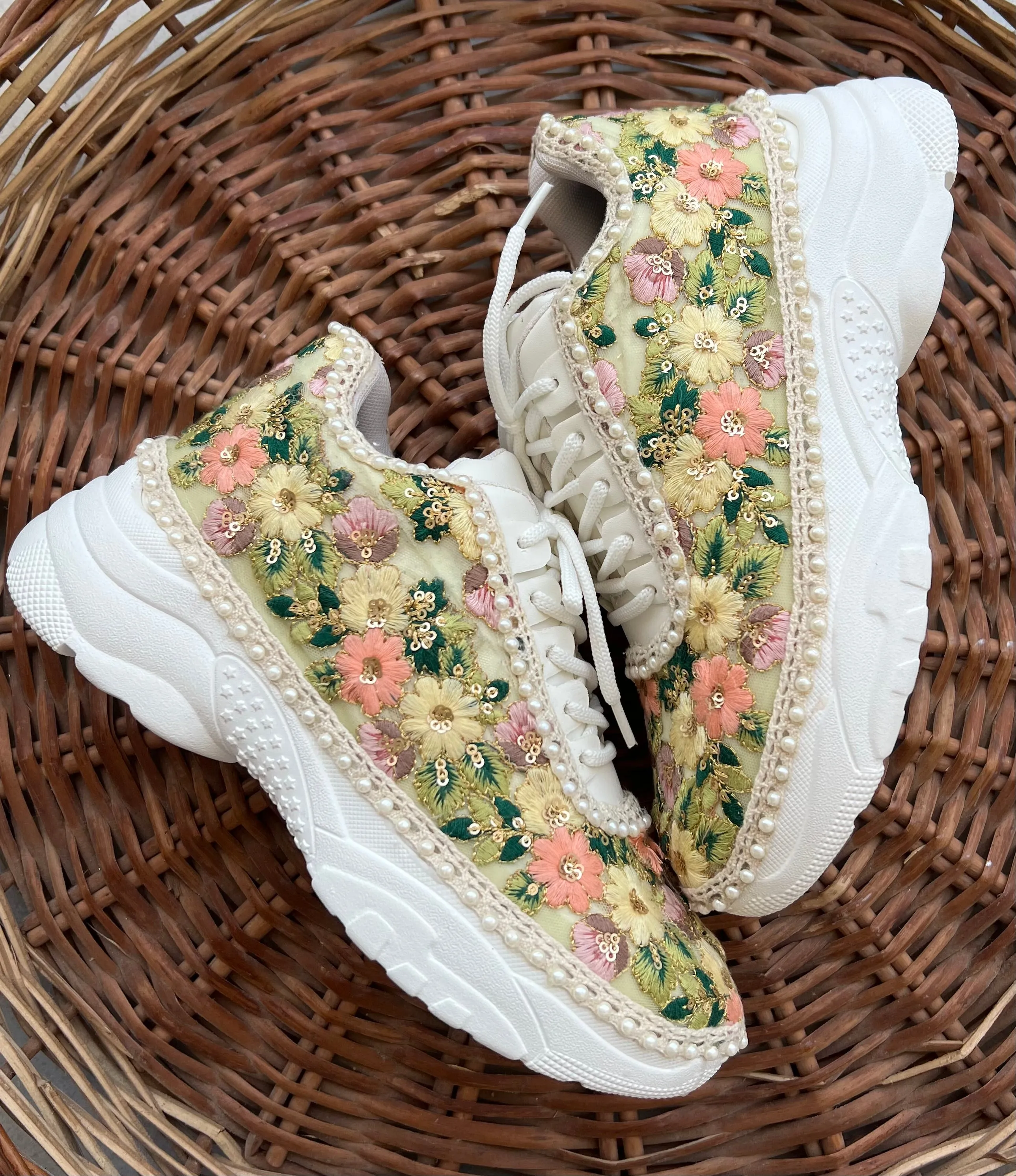 FUNKY N TRENDY fully hand crafted floral work sneakers /bridal sneakers / bridesmaid sneakers/ floral sneakers /colorful sneakers /bridal shoes / haldi mahendi shoes/ green sneakers