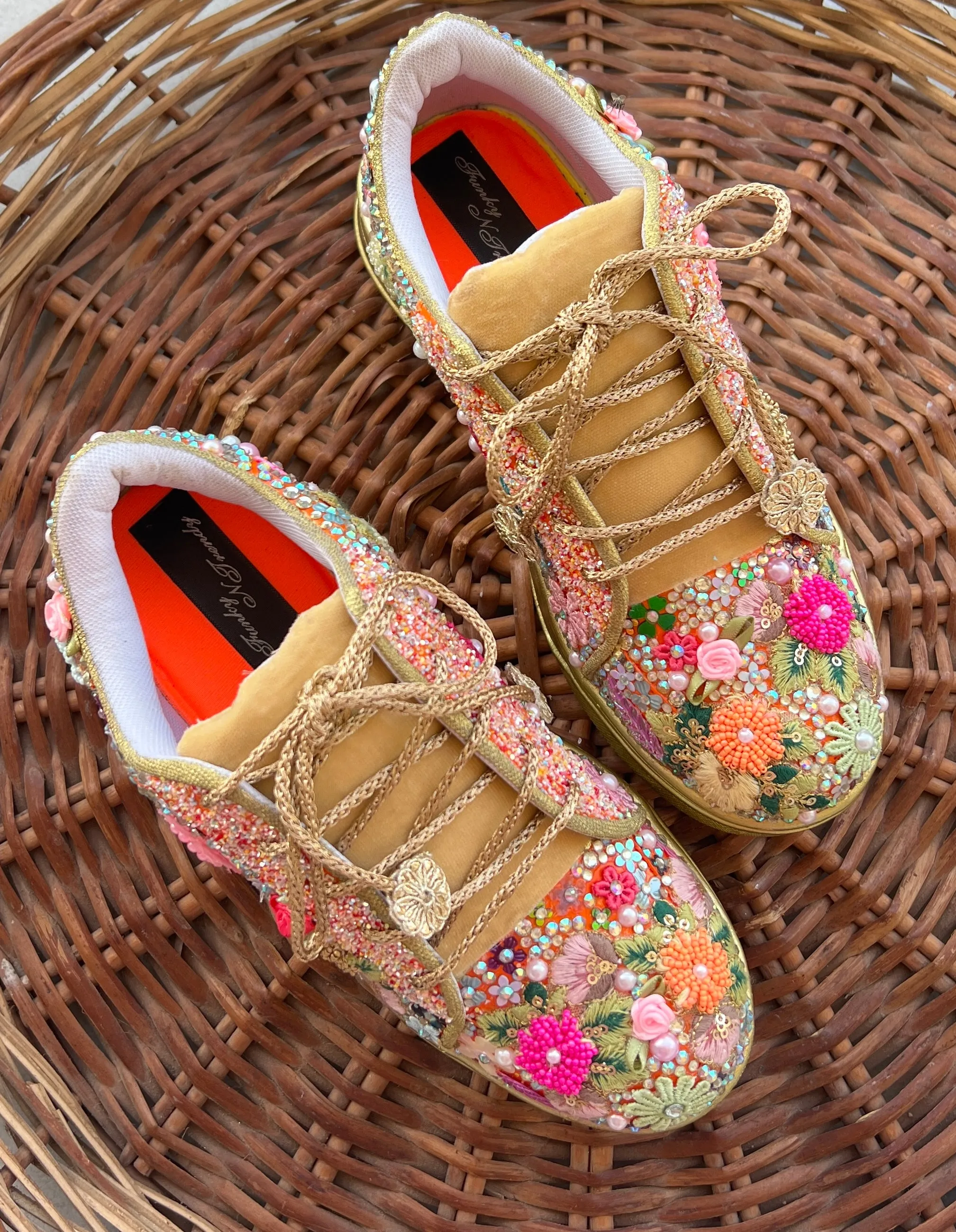 FUNKY N TRENDY fully hand crafted floral work with beads rhinestones cutdana etc /bridal sneakers / bridesmaid sneakers/ floral sneakers /colorful sneakers /bridal shoes / haldi mahendi shoes/ gold sneakers