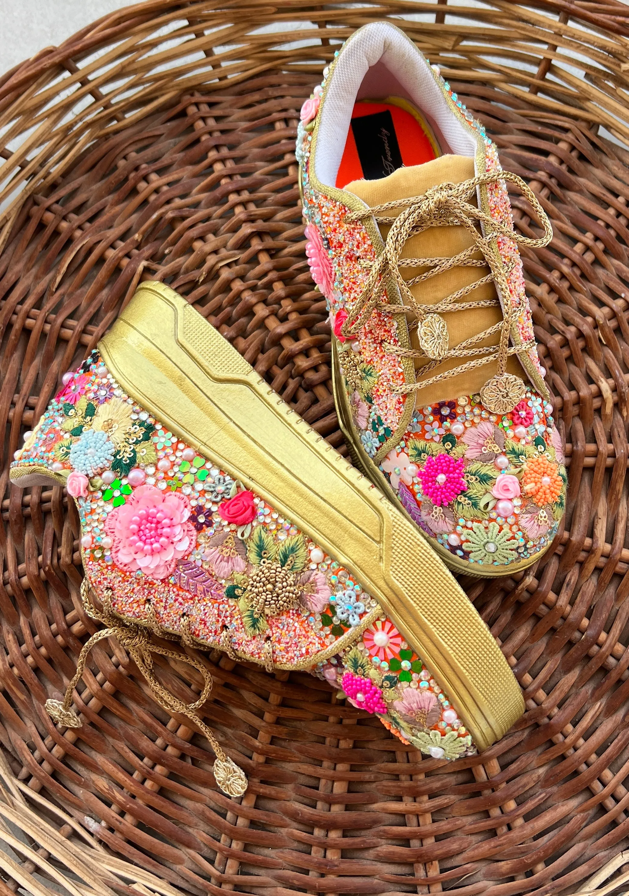 FUNKY N TRENDY fully hand crafted floral work with beads rhinestones cutdana etc /bridal sneakers / bridesmaid sneakers/ floral sneakers /colorful sneakers /bridal shoes / haldi mahendi shoes/ gold sneakers