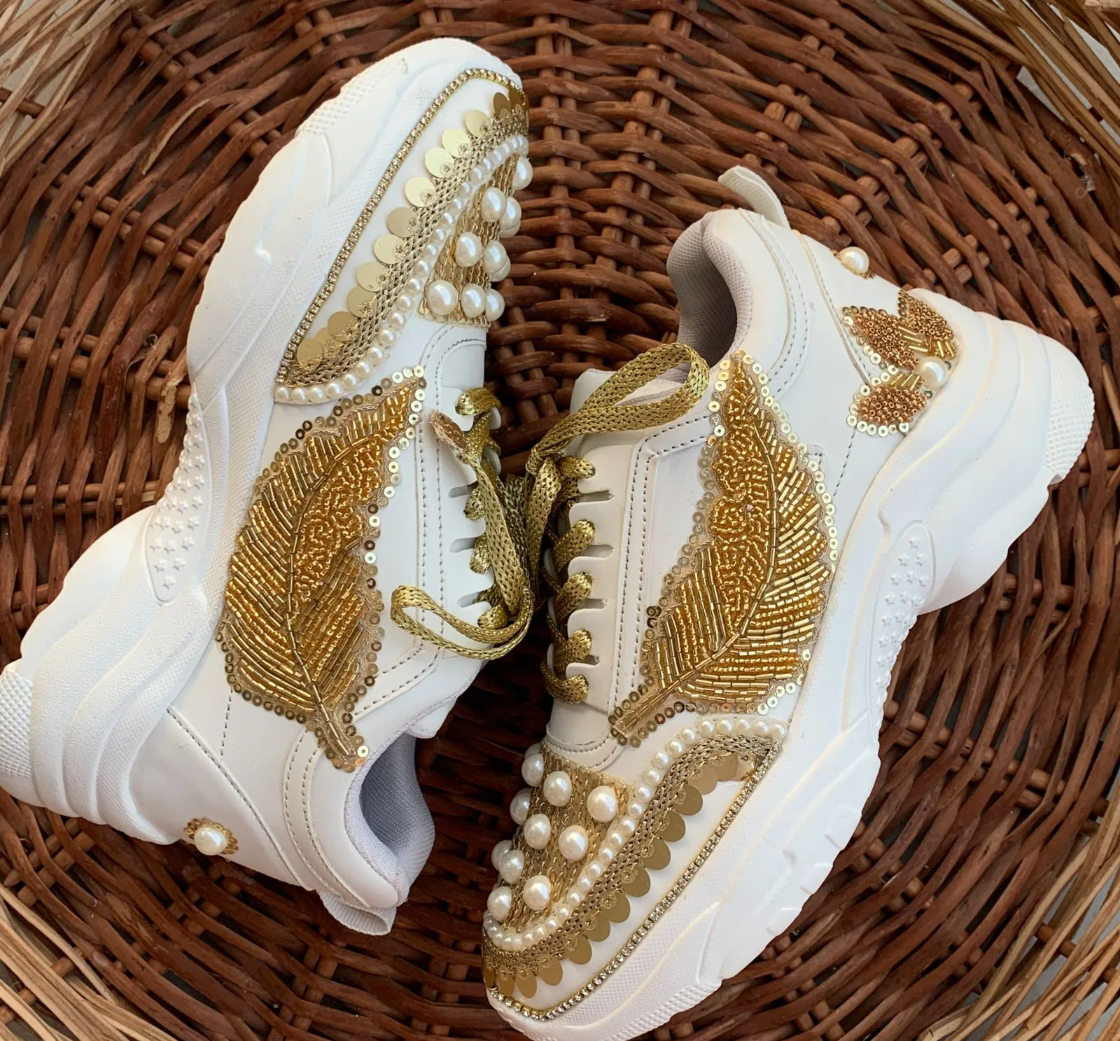 FUNKY N TRENDY gold sneakers for brides / gold sneakers for bridesmaids/ handcrafted sneakers/ golden sneakers / bridal sneakers / bridesmaid sneakers/ golden hand work sneakers