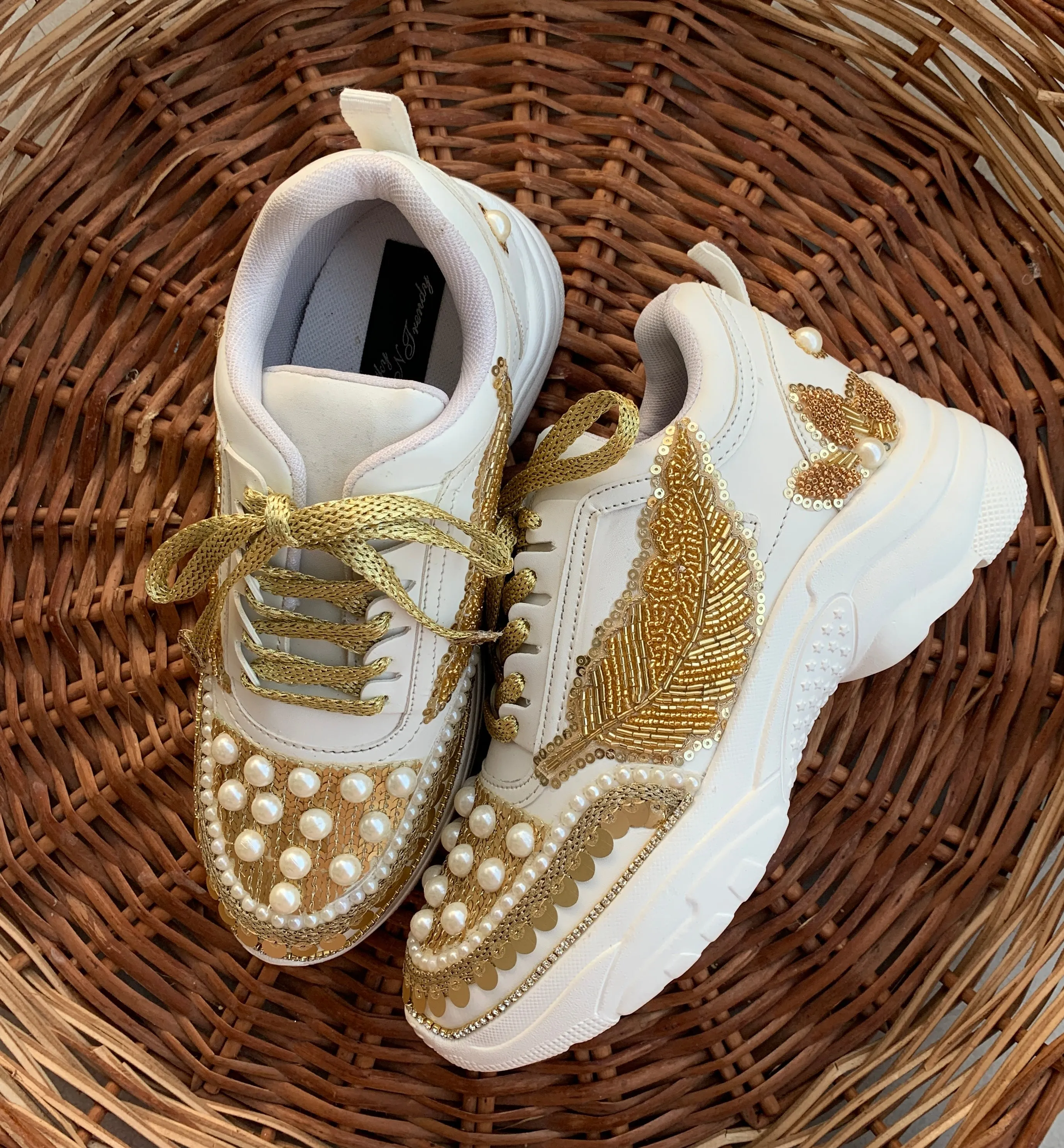 FUNKY N TRENDY gold sneakers for brides / gold sneakers for bridesmaids/ handcrafted sneakers/ golden sneakers / bridal sneakers / bridesmaid sneakers/ golden hand work sneakers