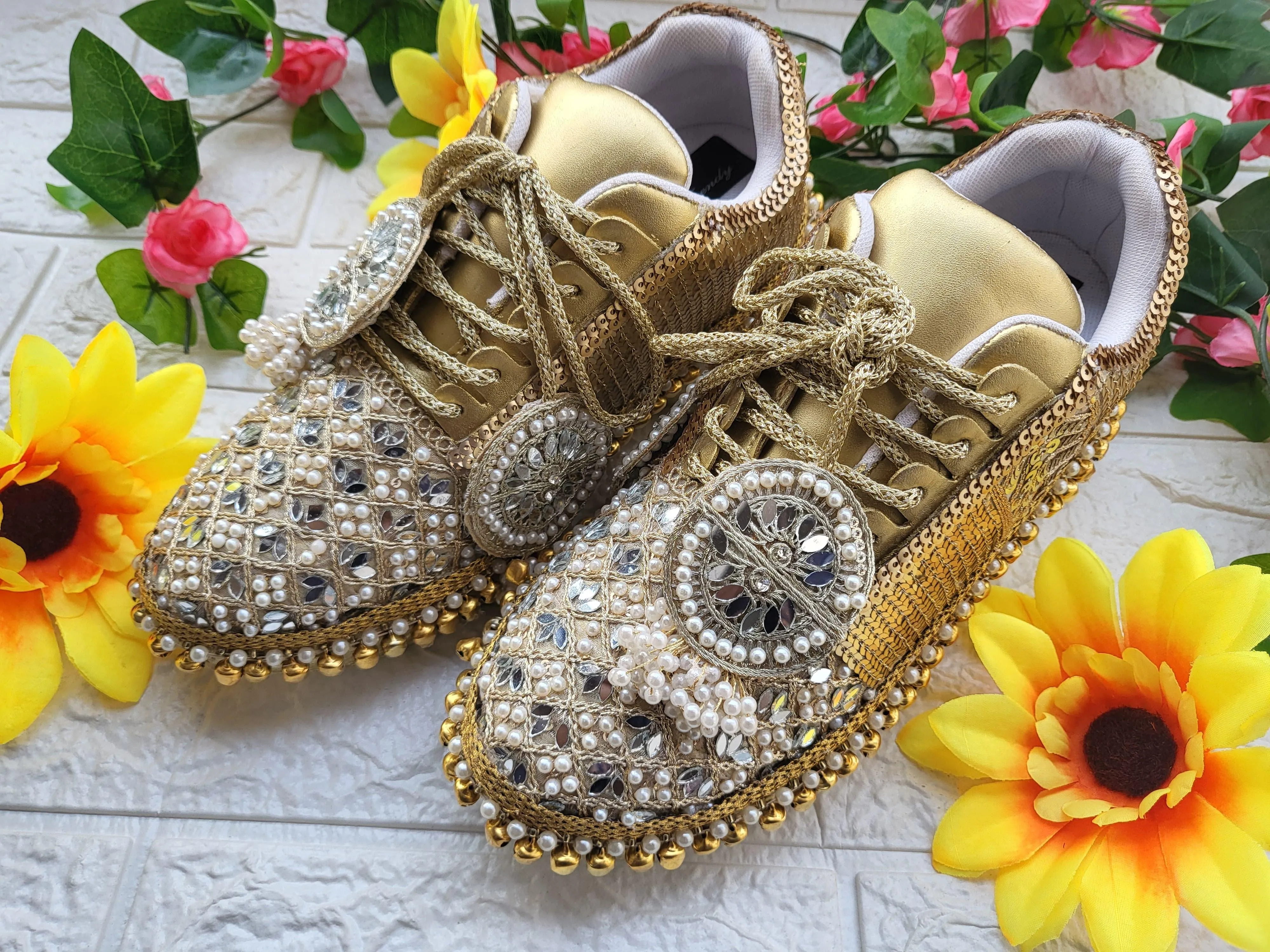 FUNKY N TRENDY golden mirror pearl and sequine work bridal sneakers / bridesmaid sneakers/ gold sneakers / golden sneakers/ ghungaroo sneakers / ghungaroo shoes