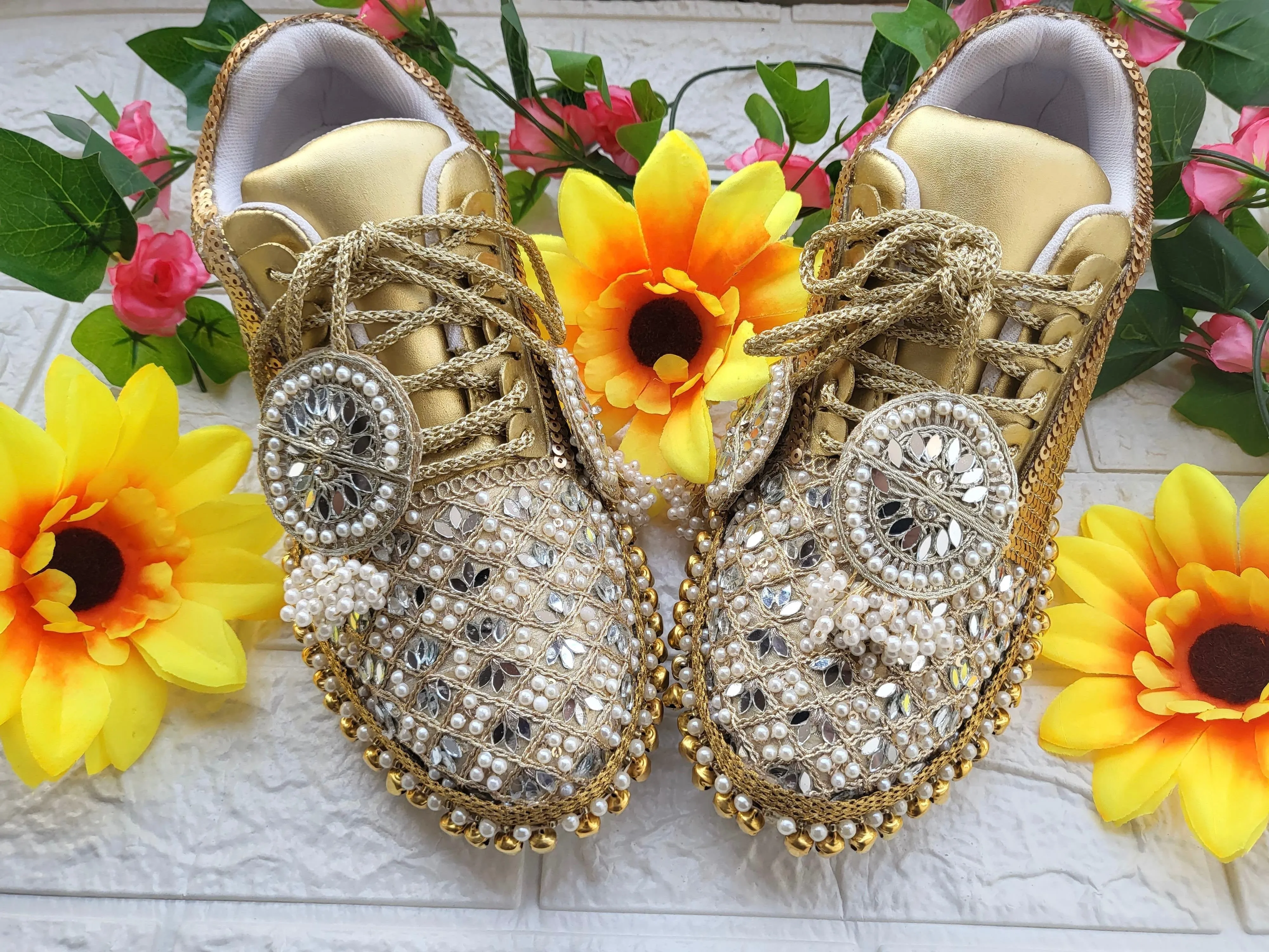 FUNKY N TRENDY golden mirror pearl and sequine work bridal sneakers / bridesmaid sneakers/ gold sneakers / golden sneakers/ ghungaroo sneakers / ghungaroo shoes