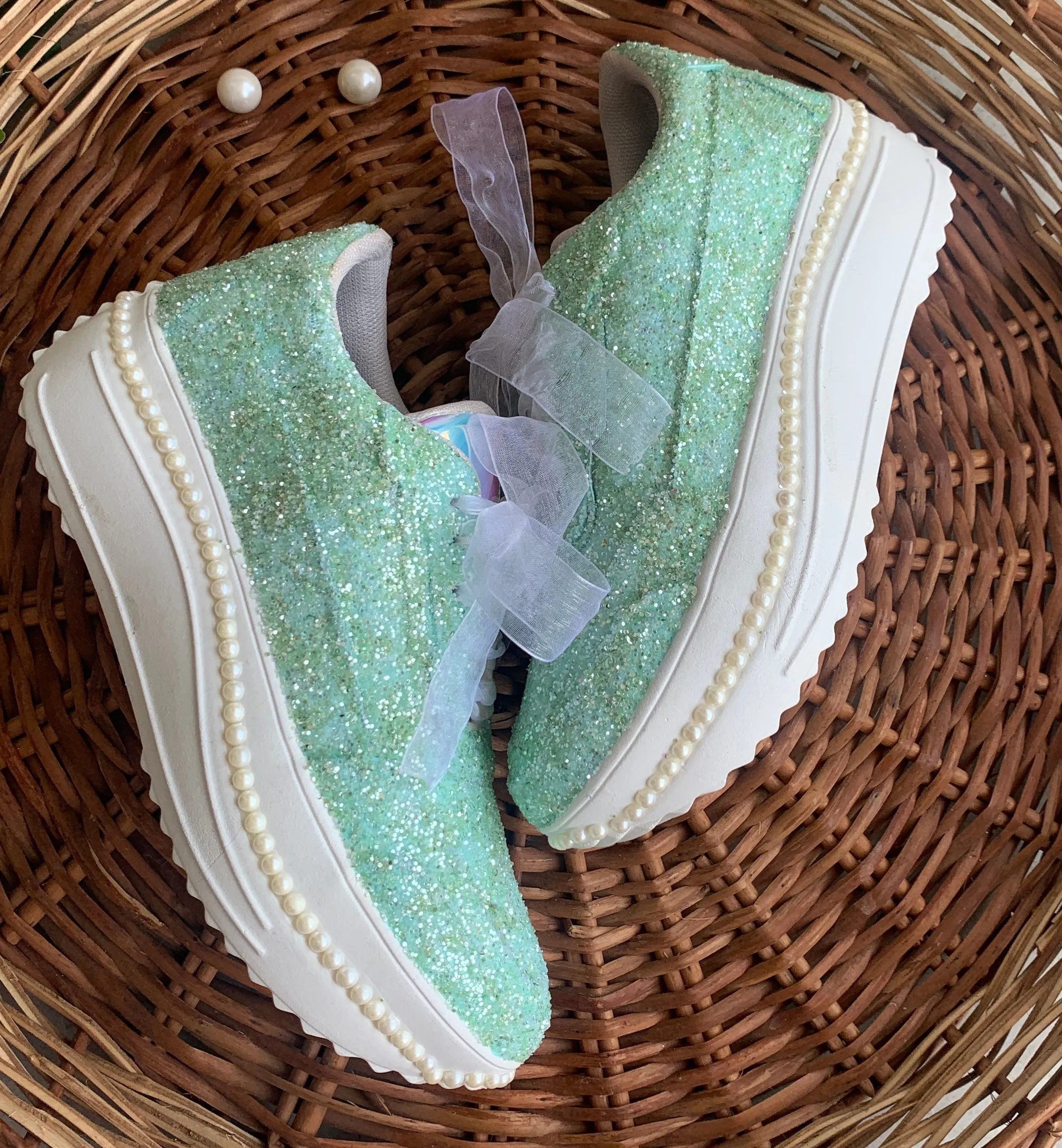 FUNKY N TRENDY green glitter heeled sneakers with pearl detailing for brides /bridesmaids / sneakers for bridesmaids/ handcrafted sneakers/ glitter sneakers / bridal sneakers / bridesmaid sneakers/ sea green sneakers / green shoes