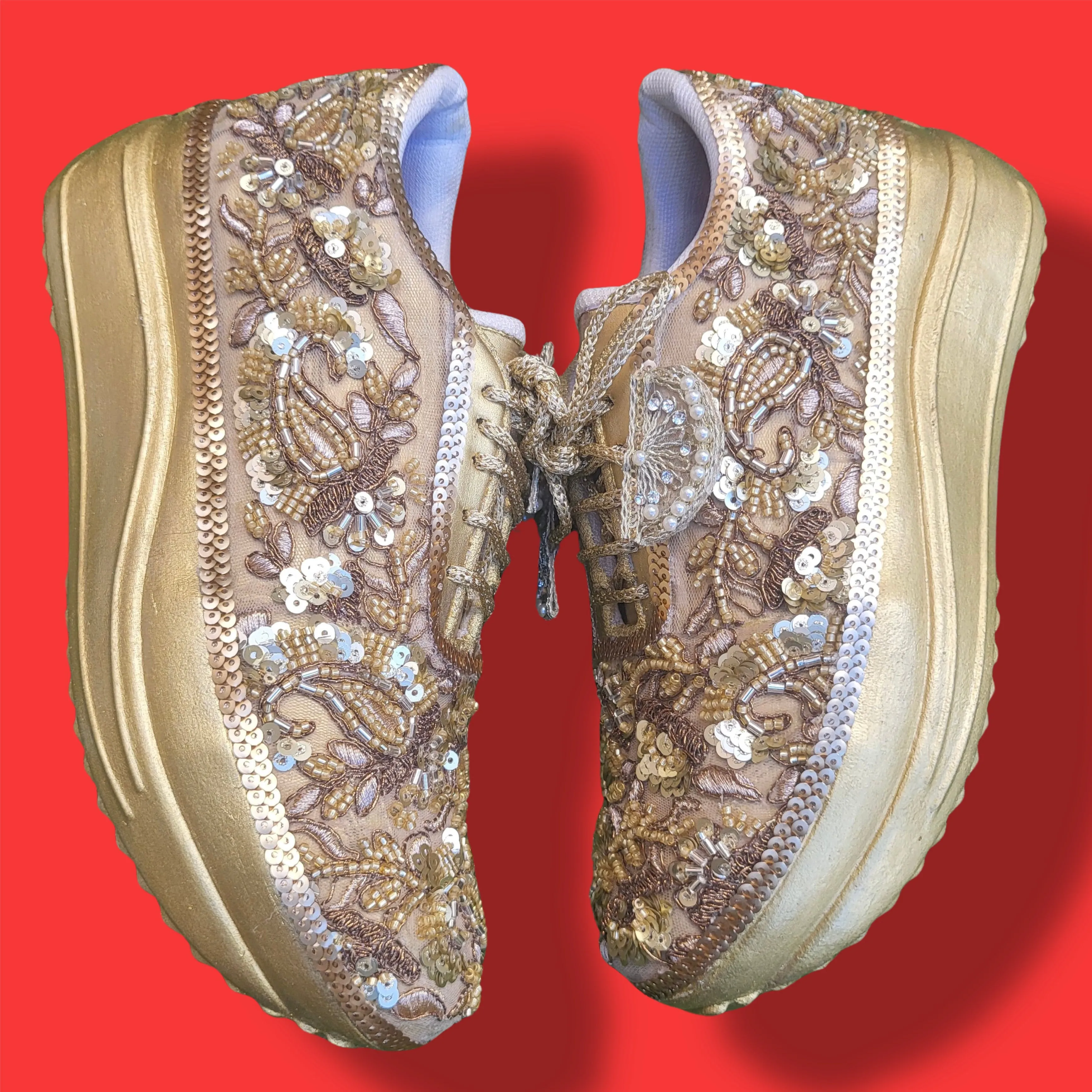 Funky N Trendy hand crafted golden bridal sneakers bridesmaid sneakers/ gold sneakers / golden sneakers /hand embroidered sneakers/ bride shoes / bridal sneakers /bridal shoes