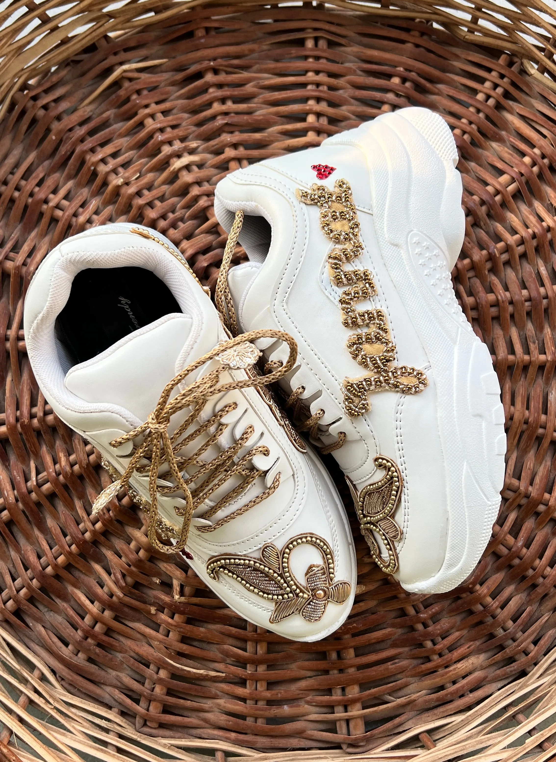 Funky N Trendy hand embroidered “Name” with cutdana work /bridal sneakers/ sneaker for bride / golden sneakers/ golden sneakers for bride / custom name on shoes