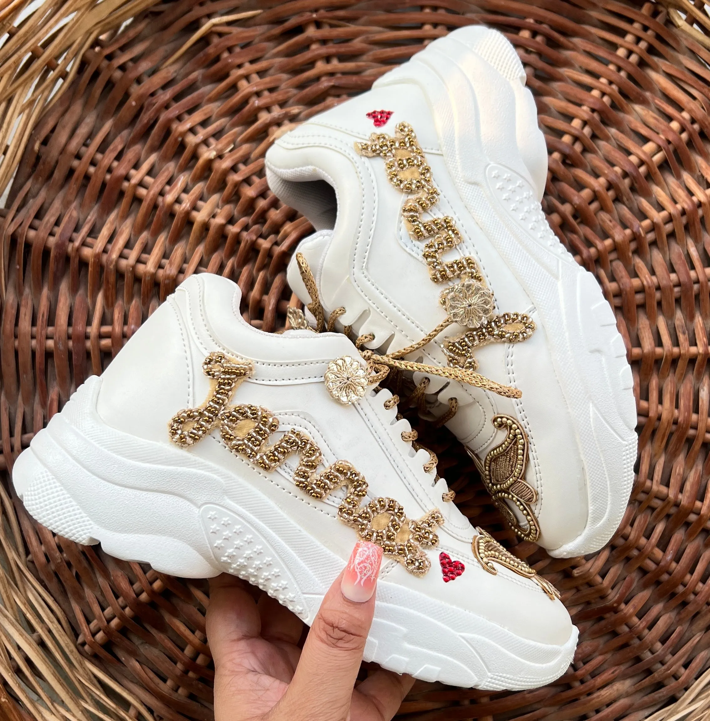 Funky N Trendy hand embroidered “Name” with cutdana work /bridal sneakers/ sneaker for bride / golden sneakers/ golden sneakers for bride / custom name on shoes