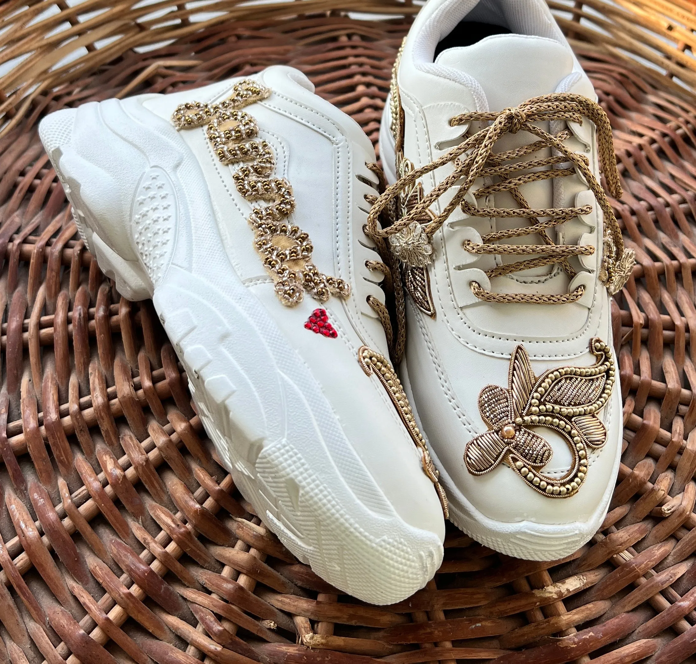 Funky N Trendy hand embroidered “Name” with cutdana work /bridal sneakers/ sneaker for bride / golden sneakers/ golden sneakers for bride / custom name on shoes