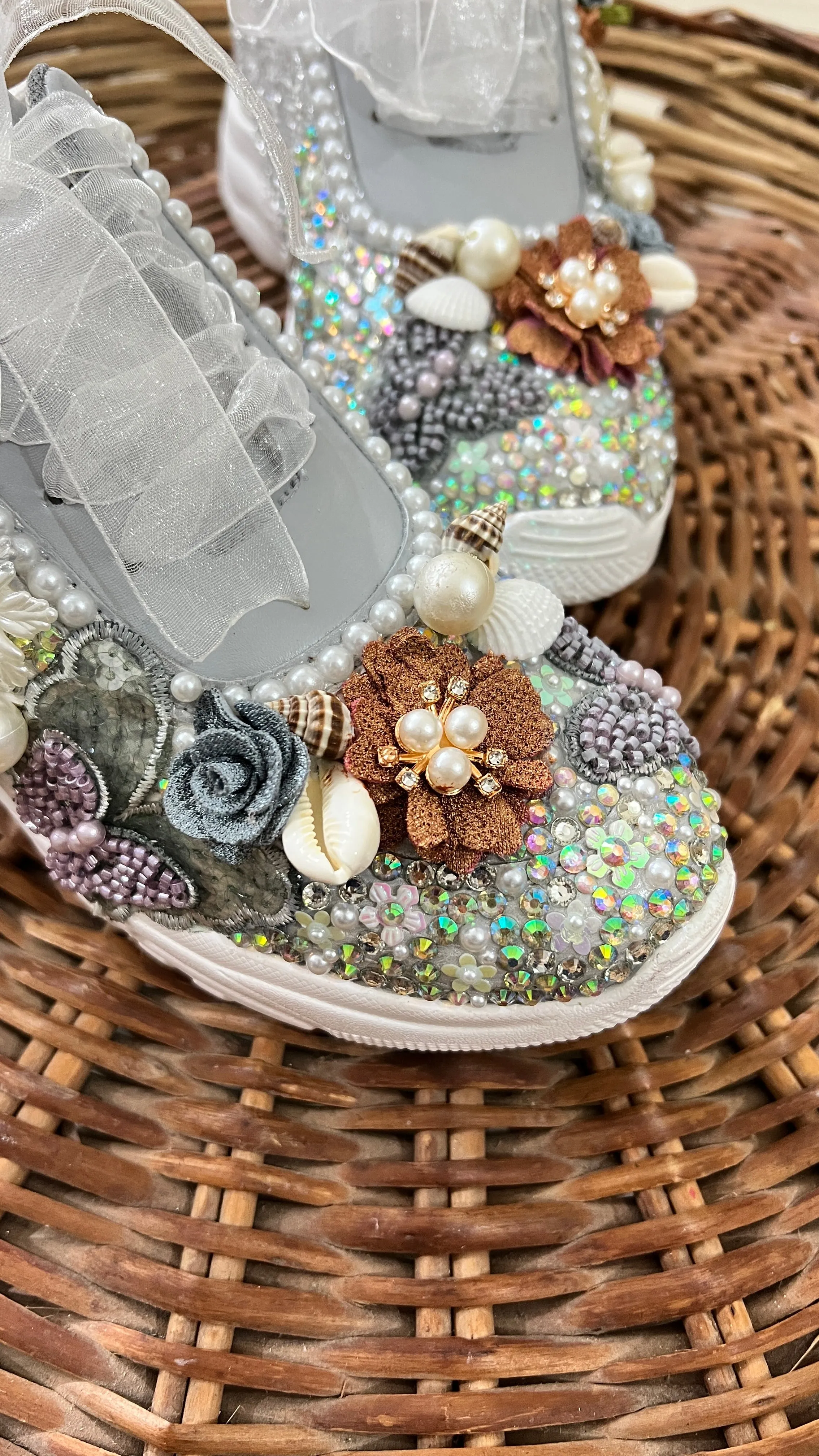 FUNKY N TRENDY hand work bridal sneakers / bridesmaid sneakers/ silver sneakers / gray and brown copper floral sneakers/bride shoes/ embroidered shoes/ butterfly shoes