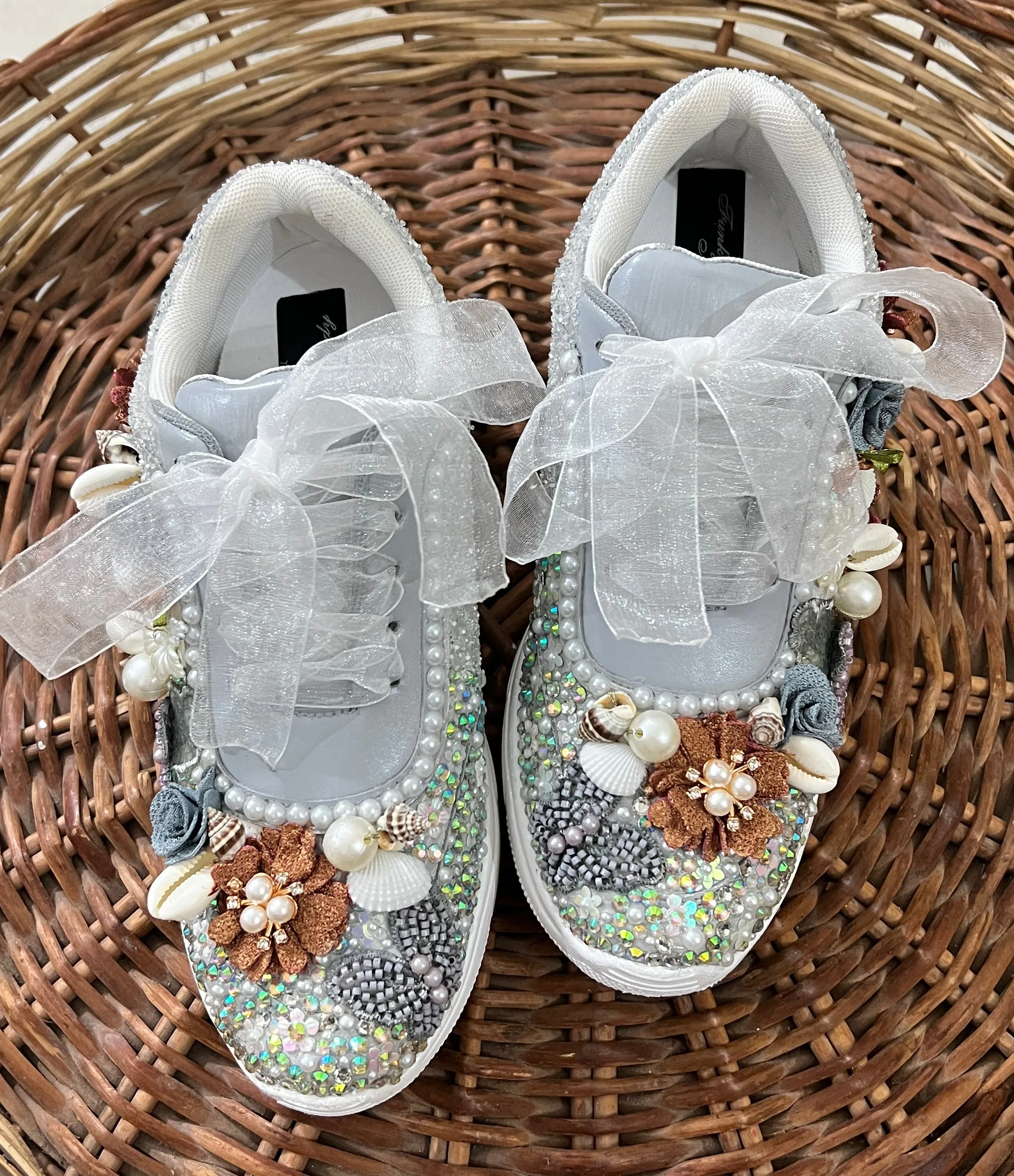 FUNKY N TRENDY hand work bridal sneakers / bridesmaid sneakers/ silver sneakers / gray and brown copper floral sneakers/bride shoes/ embroidered shoes/ butterfly shoes