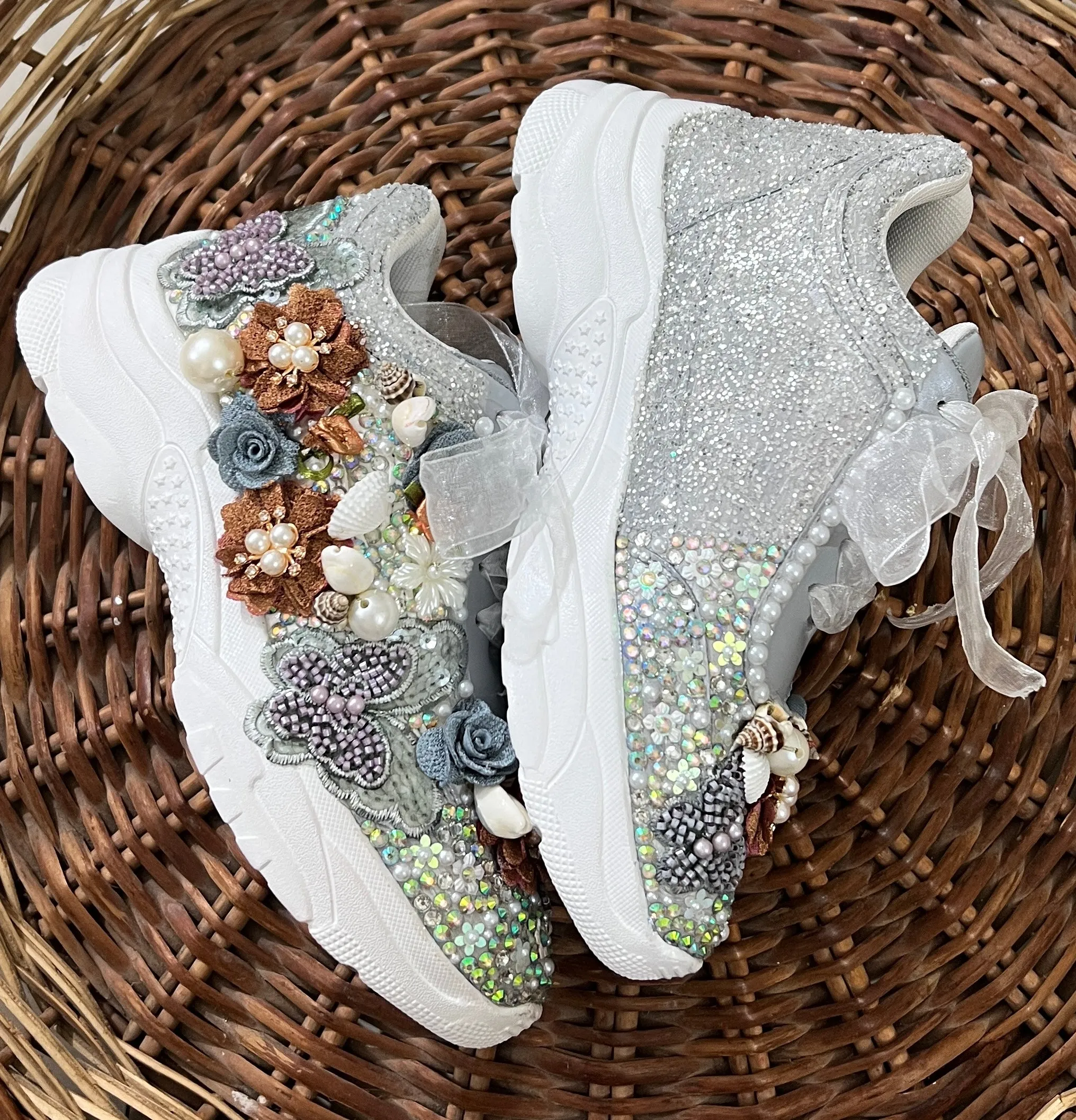 FUNKY N TRENDY hand work bridal sneakers / bridesmaid sneakers/ silver sneakers / gray and brown copper floral sneakers/bride shoes/ embroidered shoes/ butterfly shoes