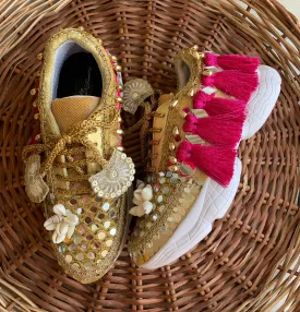 FUNKY N TRENDY megenta rani and gold sneakers for brides /bridesmaids / hot pink sneakers for bridesmaids/ handcrafted sneakers/ mirror sneakers / bridal sneakers / bridesmaid sneakers/ gold sneakers / megenta sneakers/ rani sneakers