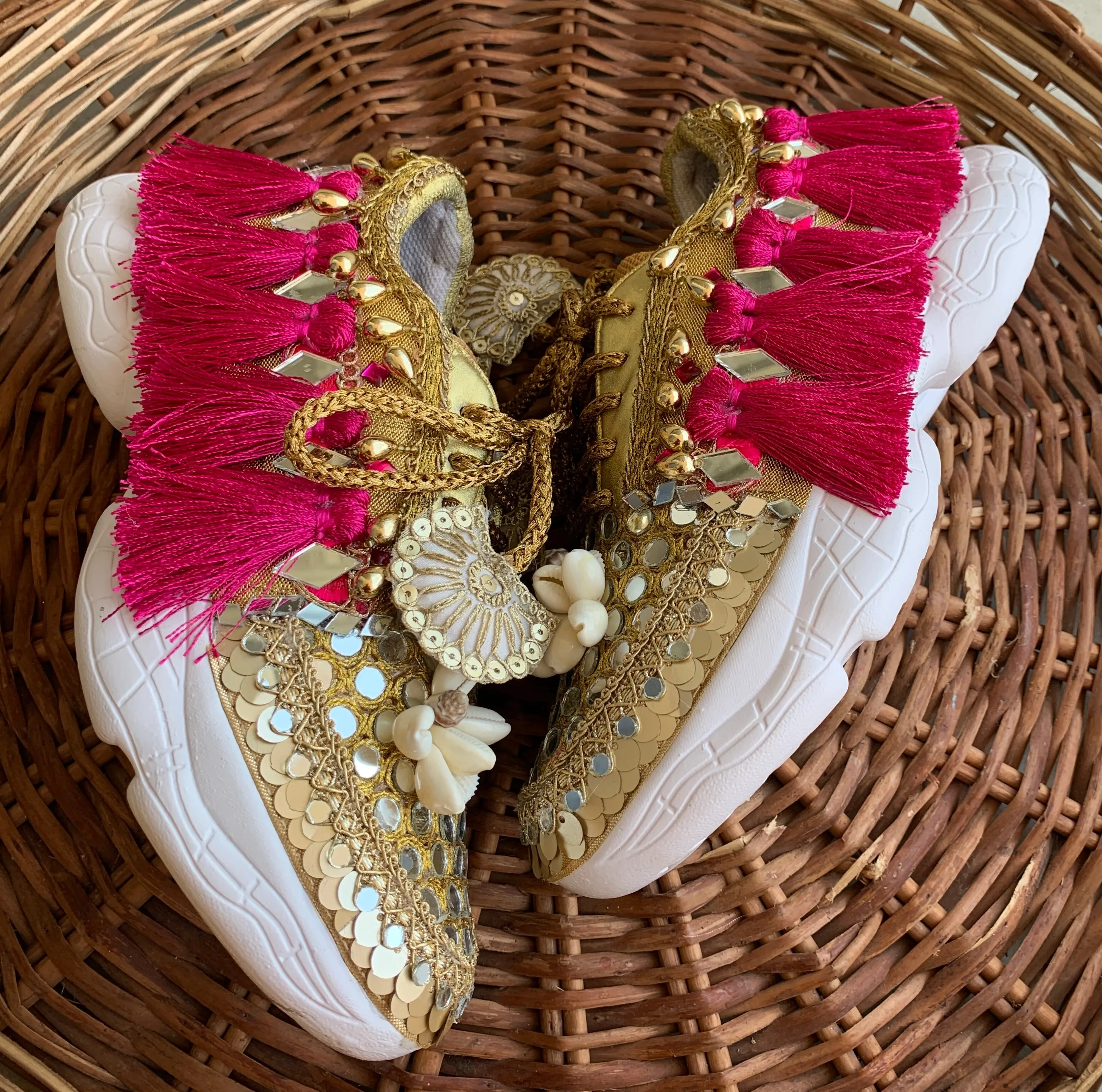 FUNKY N TRENDY megenta rani and gold sneakers for brides /bridesmaids / hot pink sneakers for bridesmaids/ handcrafted sneakers/ mirror sneakers / bridal sneakers / bridesmaid sneakers/ gold sneakers / megenta sneakers/ rani sneakers