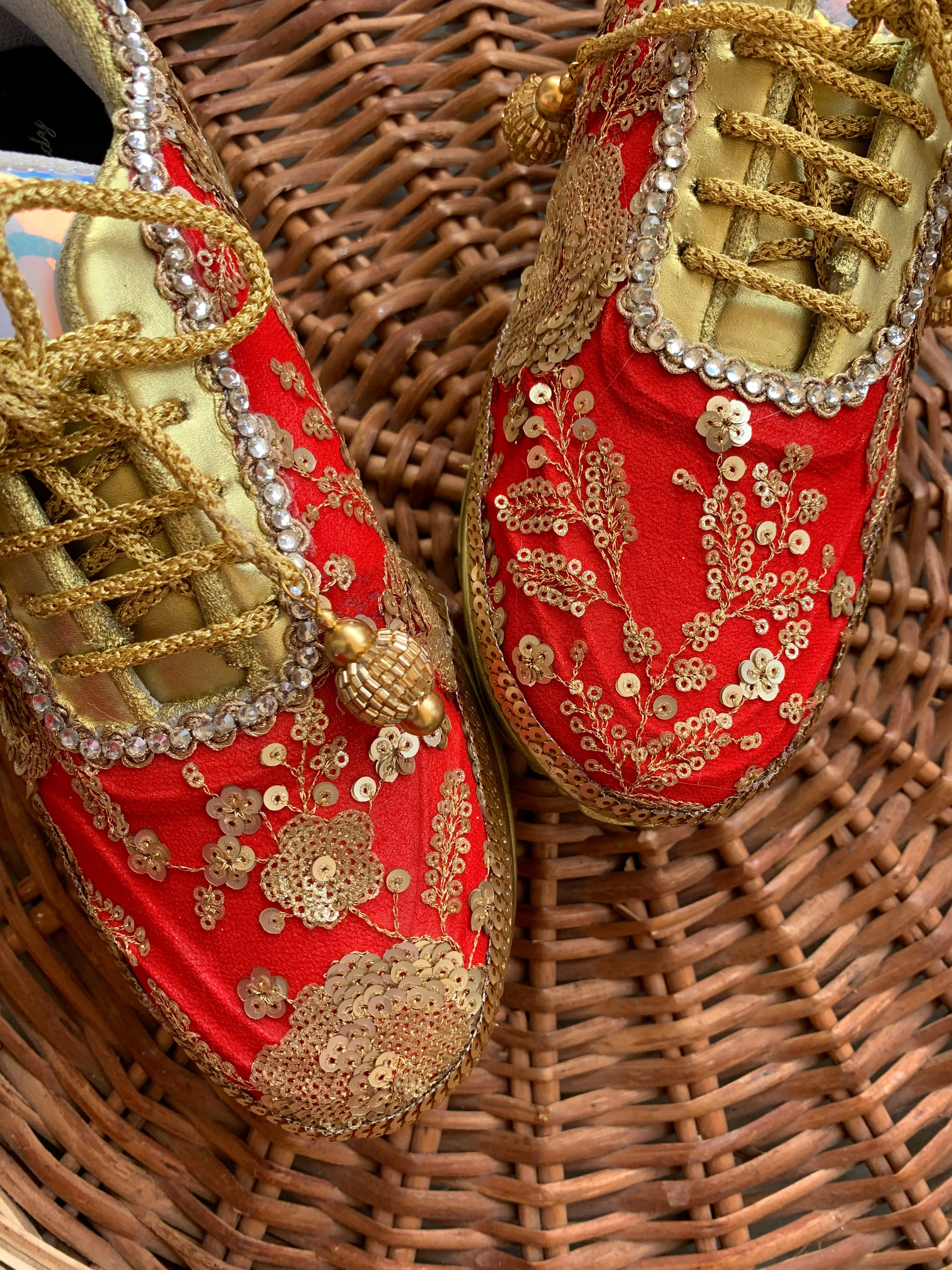 FUNKY N TRENDY red sneakers for brides /red embroidered sneakers/ handcrafted sneakers/ golden sneakers / bridal sneakers / bridesmaid sneakers/ golden and red hand work sneakers