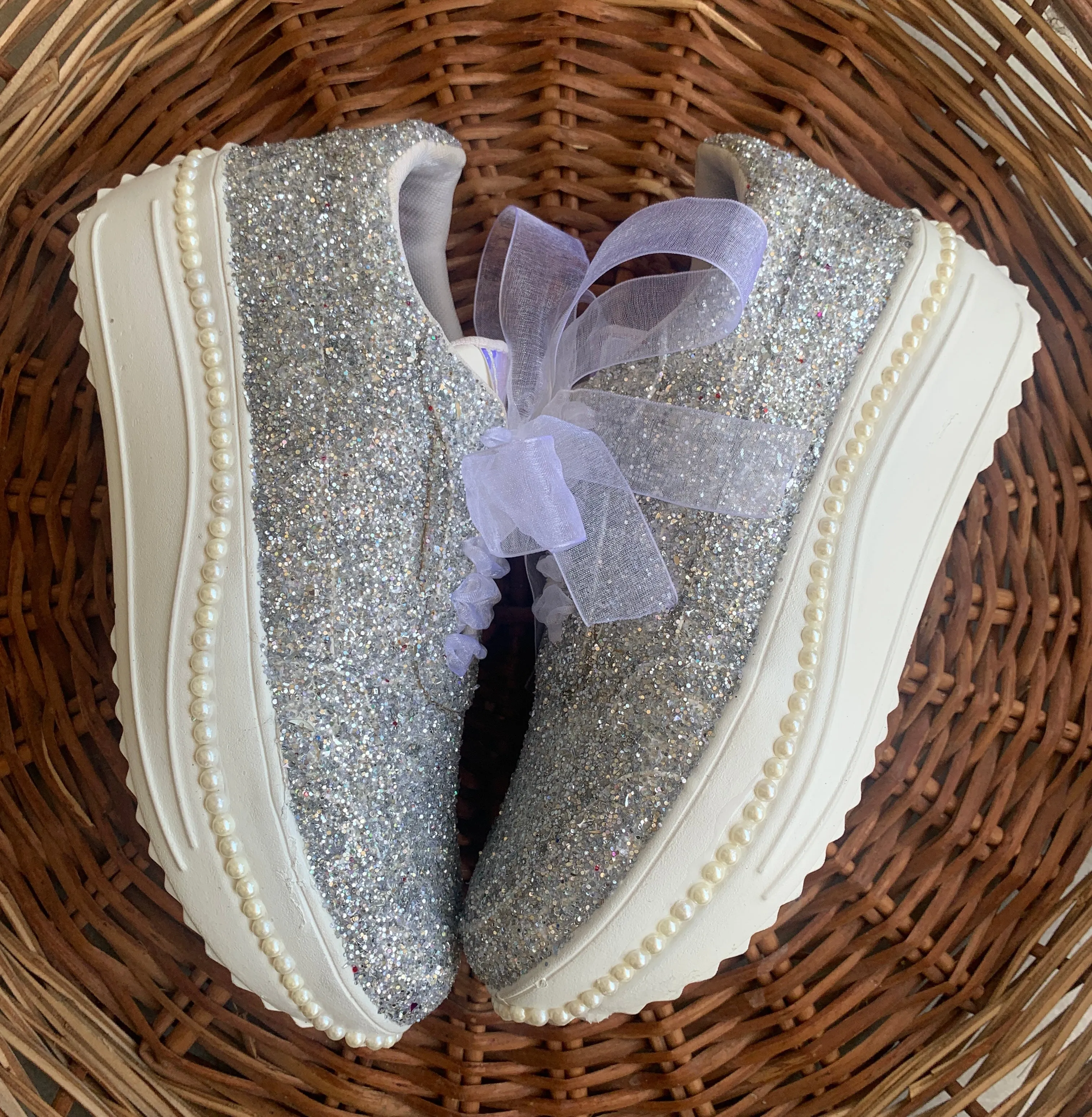 FUNKY N TRENDY silver glitter heeled sneakers with pearl detailing for brides /bridesmaids / sneakers for bridesmaids/ handcrafted sneakers/ glitter sneakers / bridal sneakers / bridesmaid sneakers/ silver sneakers / silver shoes