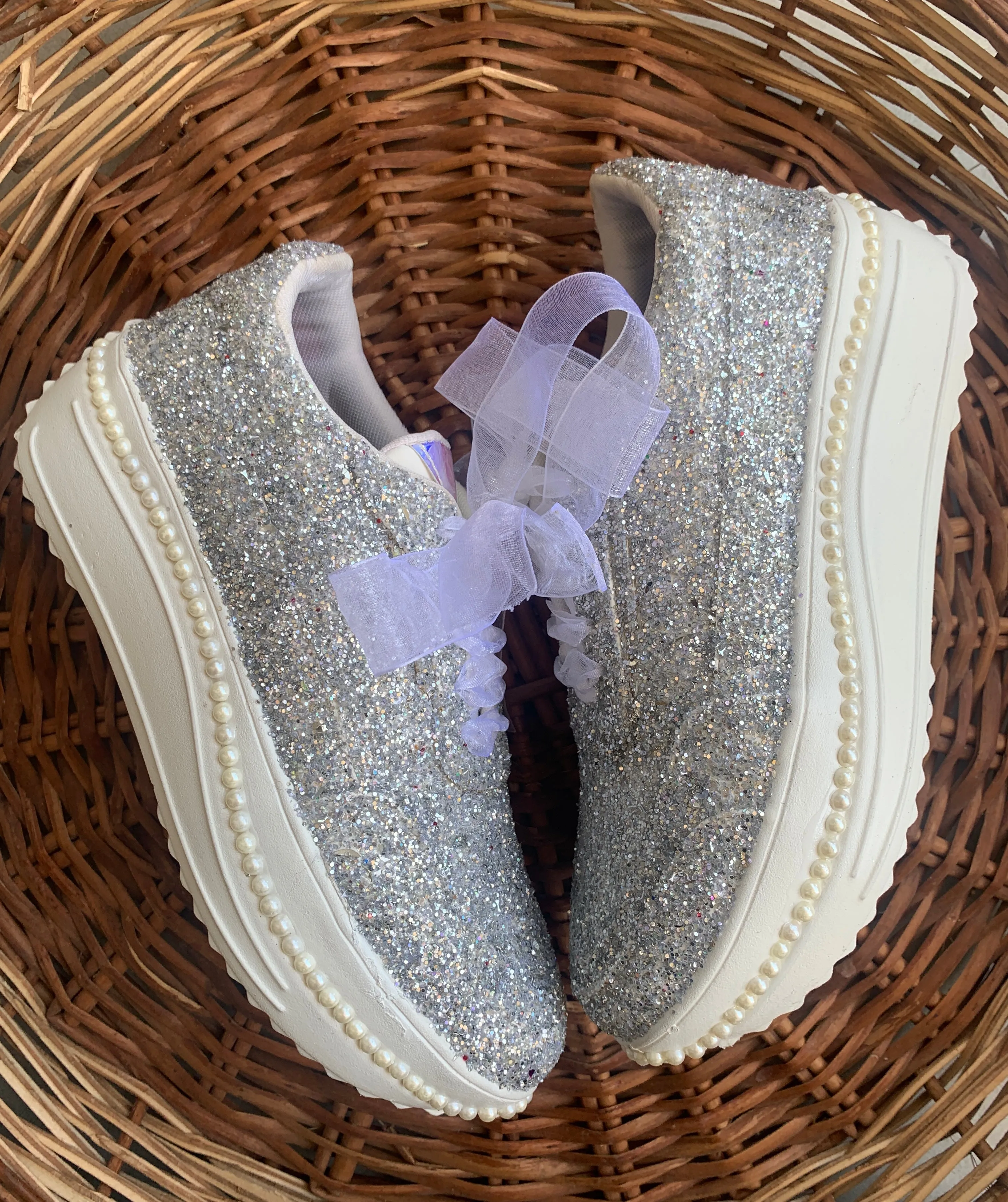 FUNKY N TRENDY silver glitter heeled sneakers with pearl detailing for brides /bridesmaids / sneakers for bridesmaids/ handcrafted sneakers/ glitter sneakers / bridal sneakers / bridesmaid sneakers/ silver sneakers / silver shoes