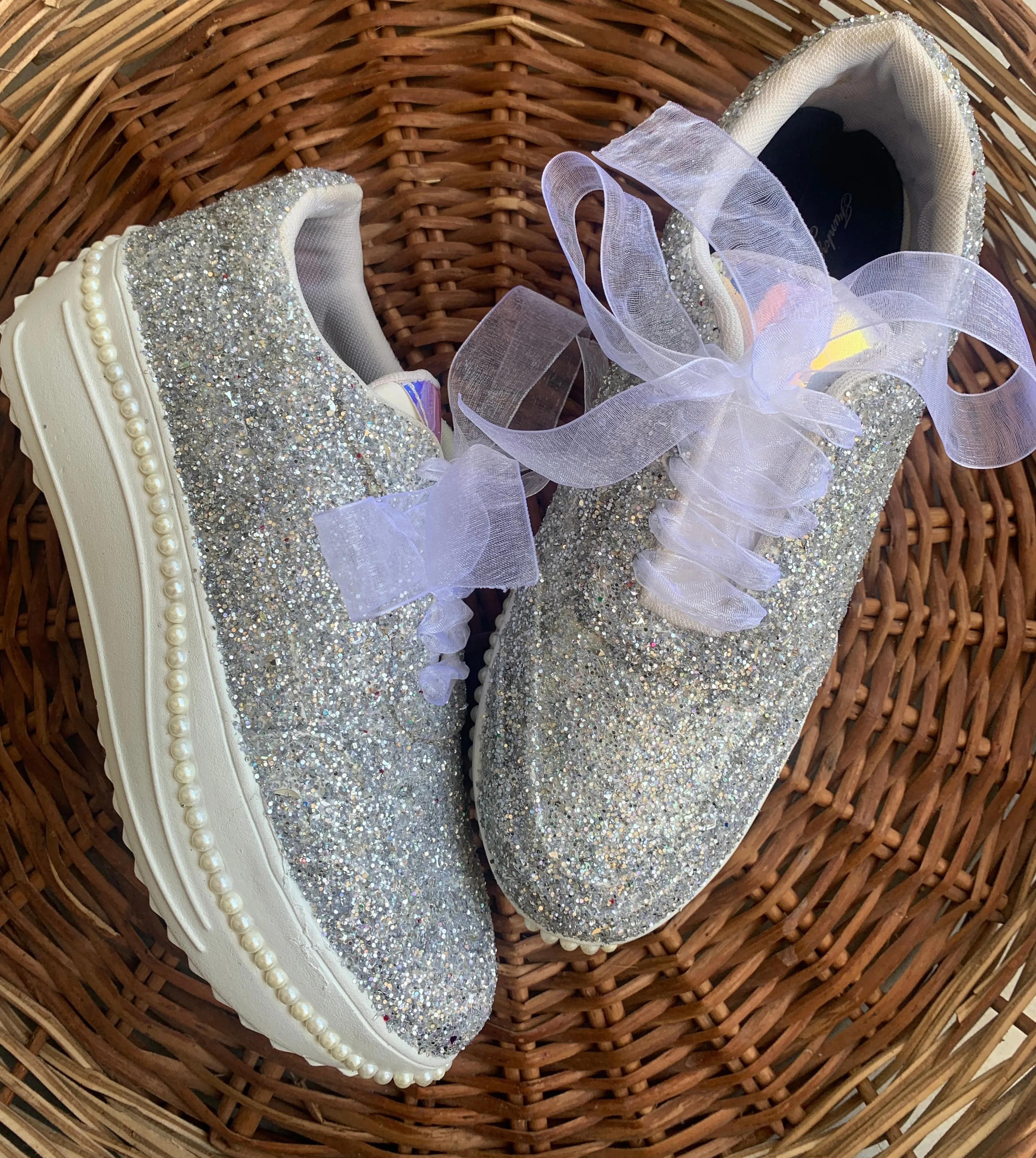 FUNKY N TRENDY silver glitter heeled sneakers with pearl detailing for brides /bridesmaids / sneakers for bridesmaids/ handcrafted sneakers/ glitter sneakers / bridal sneakers / bridesmaid sneakers/ silver sneakers / silver shoes