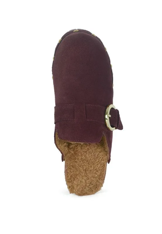 Genuine Leather Prunus Buckles Suede Round Toe Mule Clogs