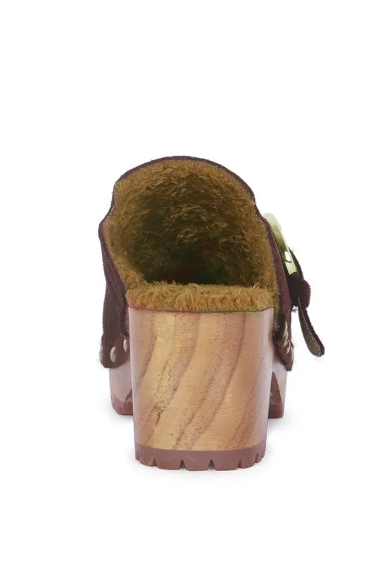 Genuine Leather Prunus Buckles Suede Round Toe Mule Clogs