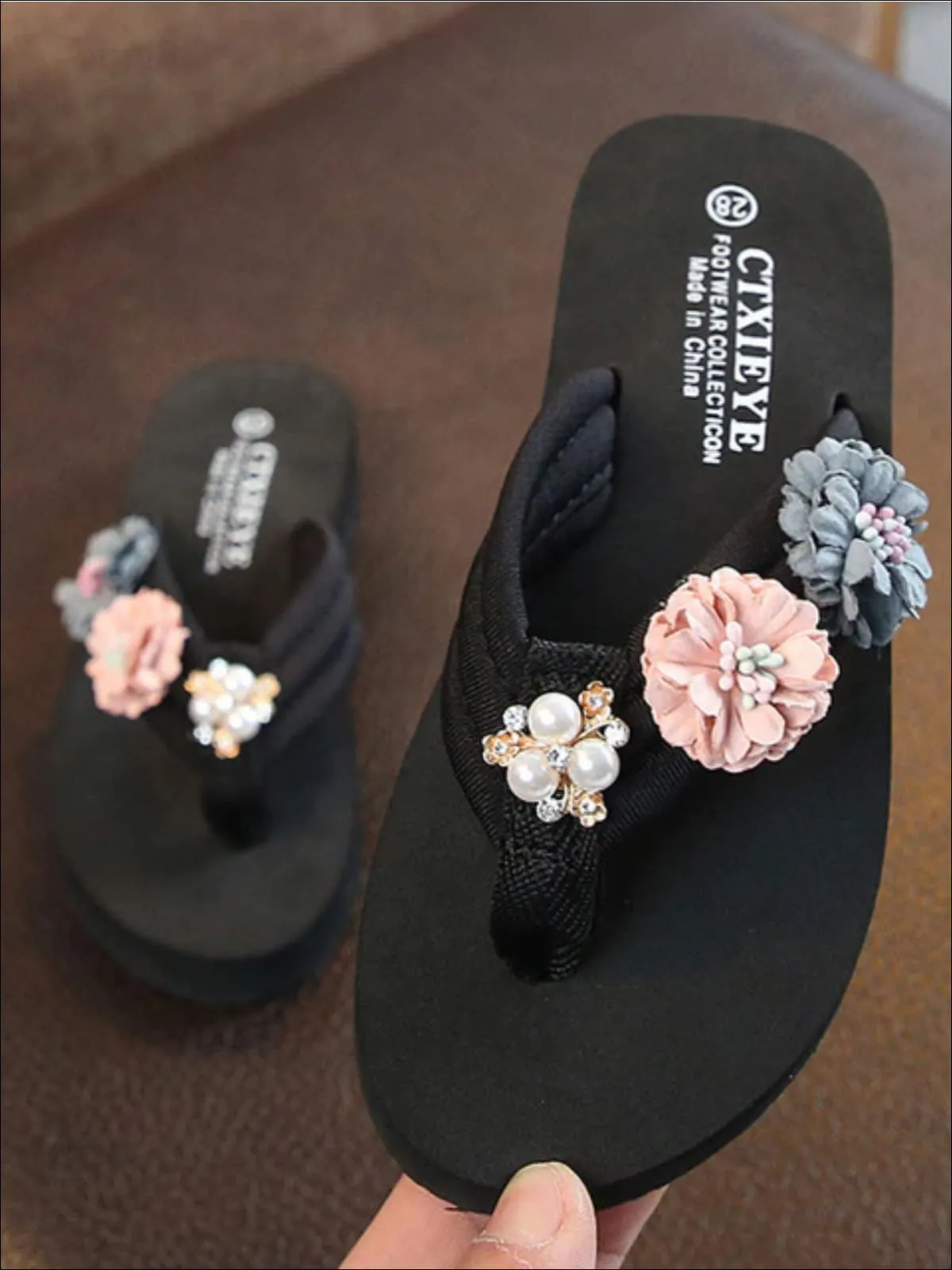 Girls Floral And Pearl Embellished Flip Flops