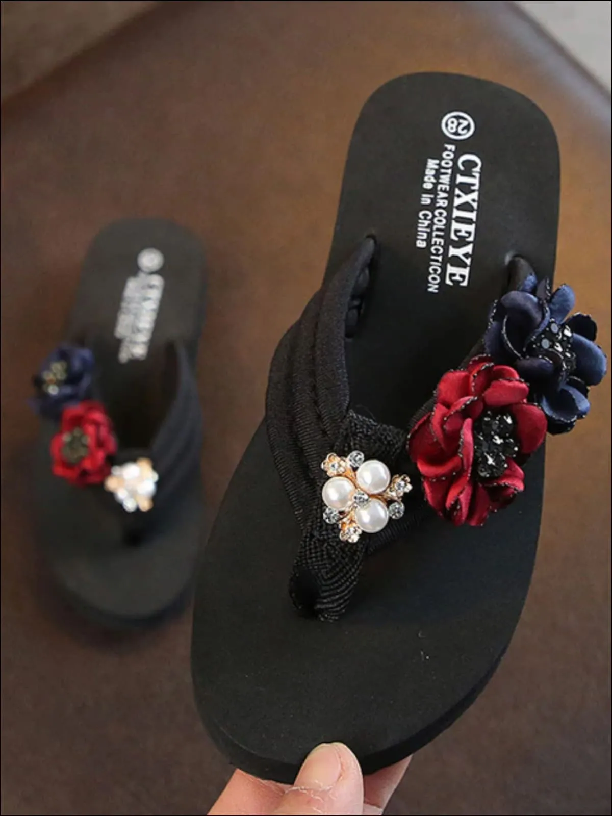 Girls Floral And Pearl Embellished Flip Flops