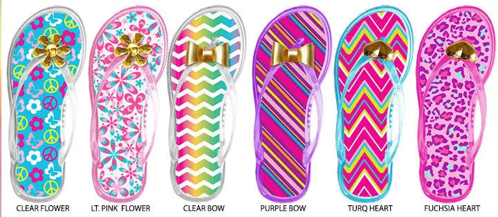 girls jelly flip flops with assorted embellishments & printed footbeds Case of 72