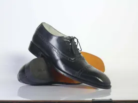 Handmade Men Black Leather Cap Toe Brogue Shoes, Men Dress Formal Designer Shoes