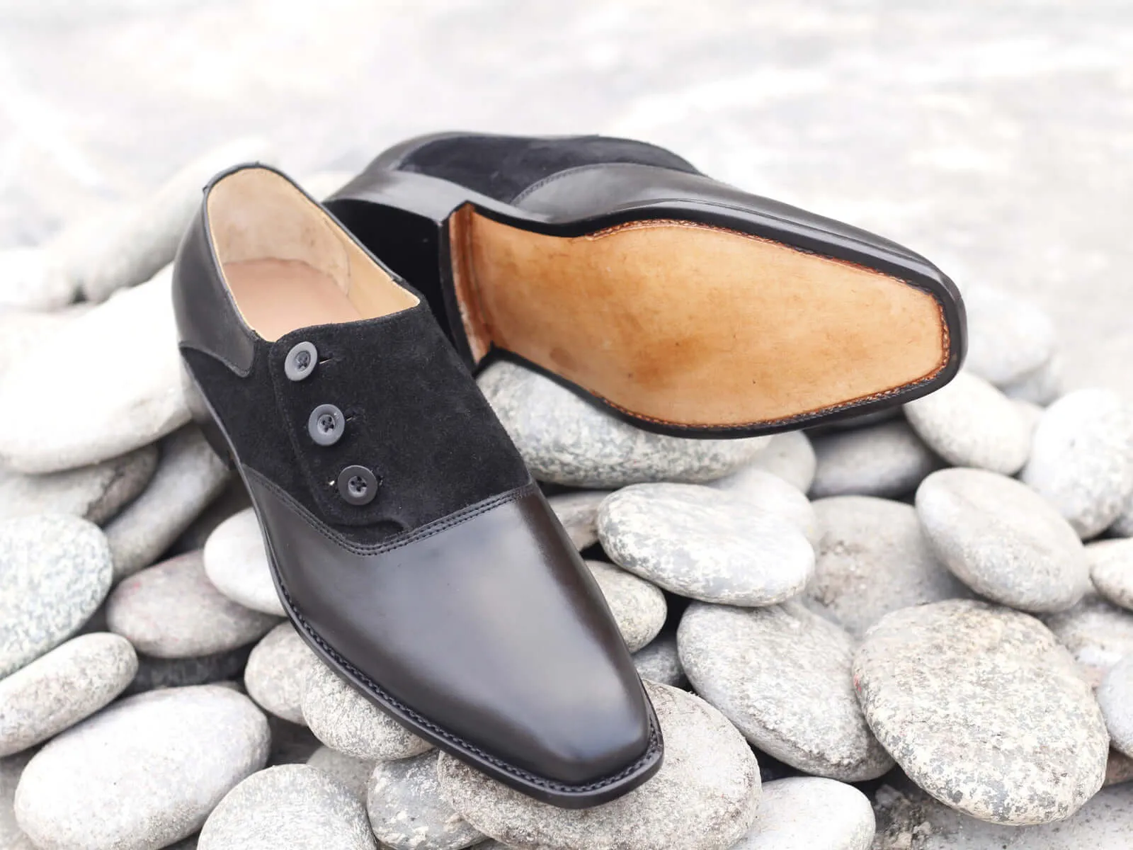 Handmade Men's Black Button Shoes, Men Leather Suede Designer Shoes