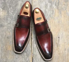 Handmade Men’s Burgundy Color Leather Shoes, Men Double Monk Dress Formal Shoes