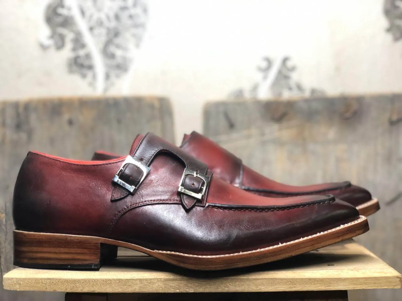 Handmade Men’s Burgundy Color Leather Shoes, Men Double Monk Dress Formal Shoes