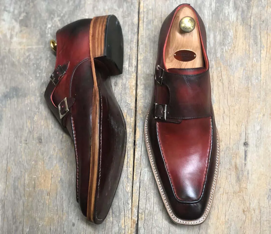 Handmade Men’s Burgundy Color Leather Shoes, Men Double Monk Dress Formal Shoes