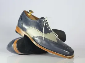 Handmade Men's Gray Blue Wing Tip Brogue Shoes, Men Leather Lace Up Dress Shoes