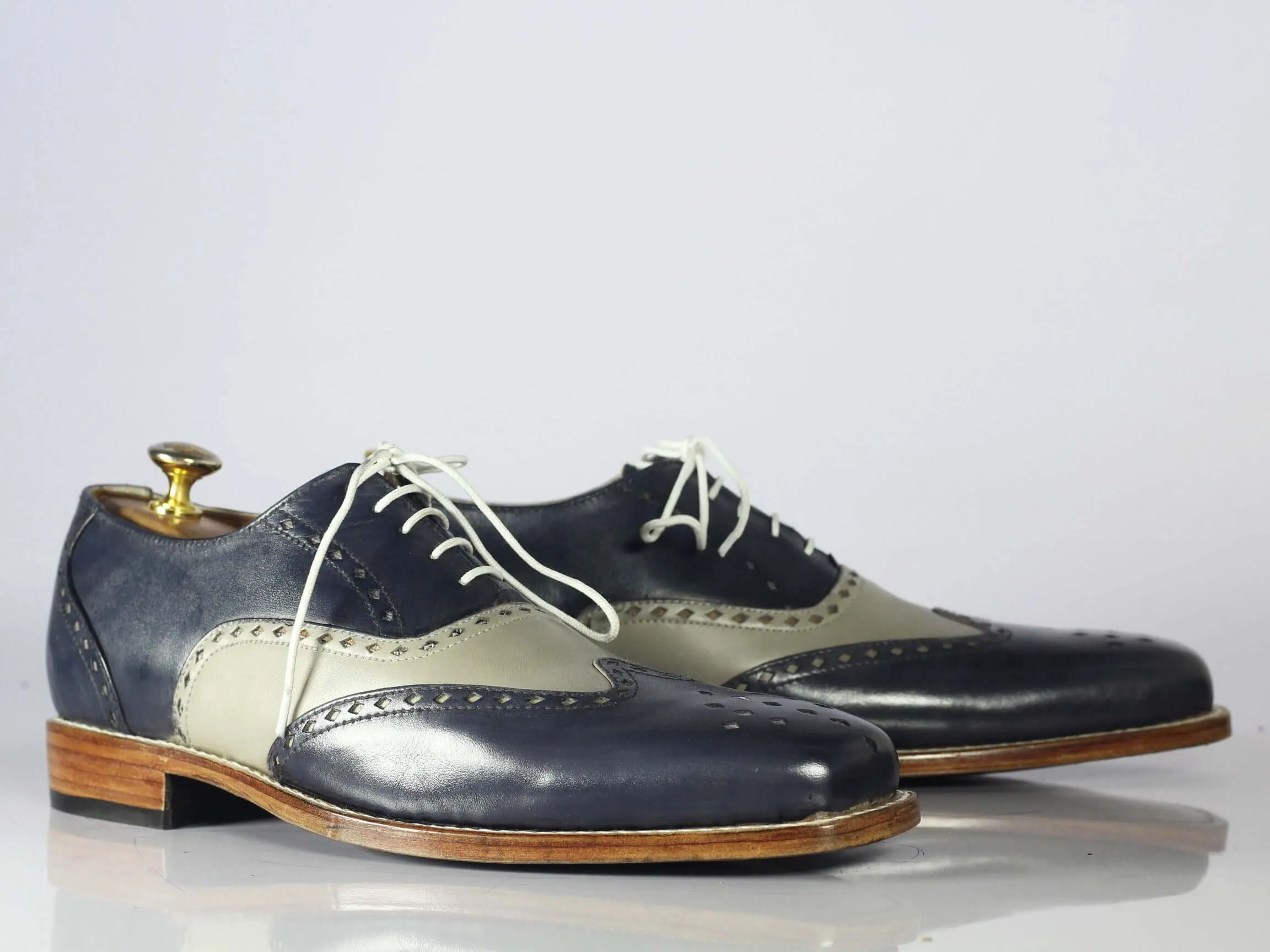 Handmade Men's Gray Blue Wing Tip Brogue Shoes, Men Leather Lace Up Dress Shoes