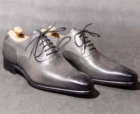 Handmade Men's Gray Brogue Toe Leather Lace Up Shoes, Men Designer Dress Formal Luxury Shoes