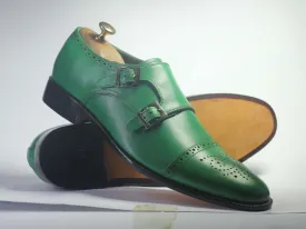 Handmade Men's green Monk Strap Leather Shoes, Men Designer Dress Shoes