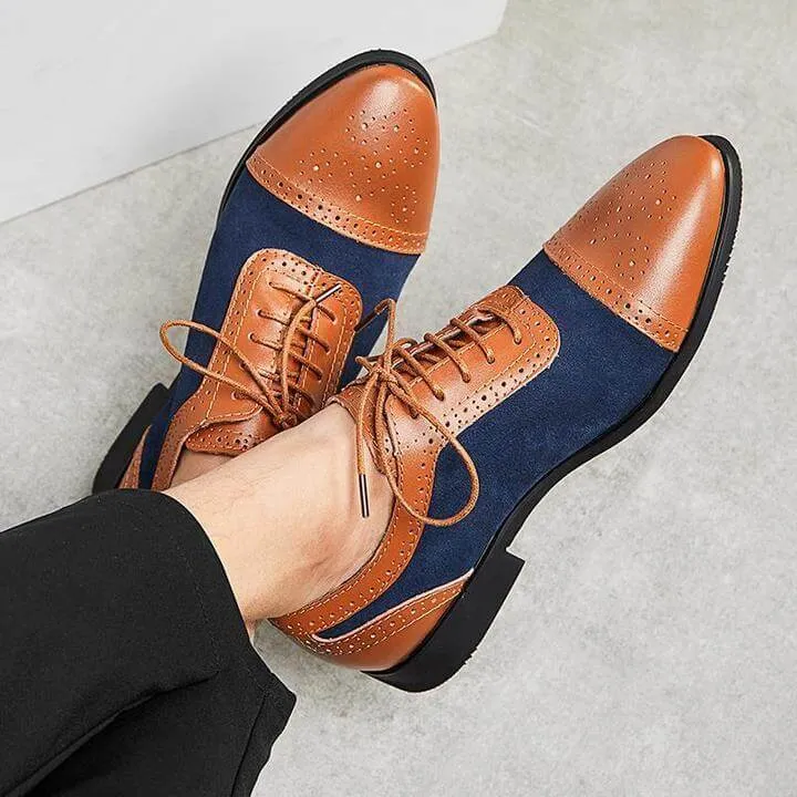 Handmade Men’s Leather Suede Shoes, Men Tan Navy Blue Cap Toe Brogue Dress Shoes