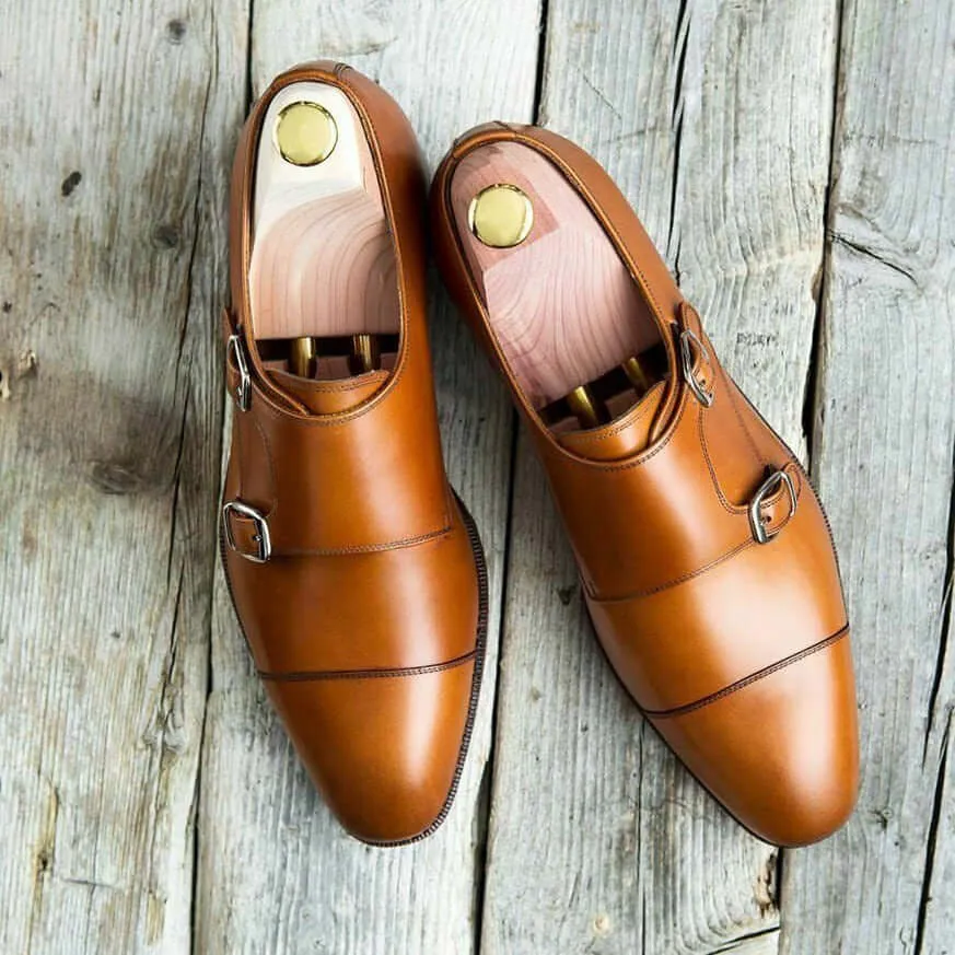 Handmade Men's Tan Brown Leather Cap Toe Double Monk Strap Shoes, Men Designer Dress Formal Luxury Shoes