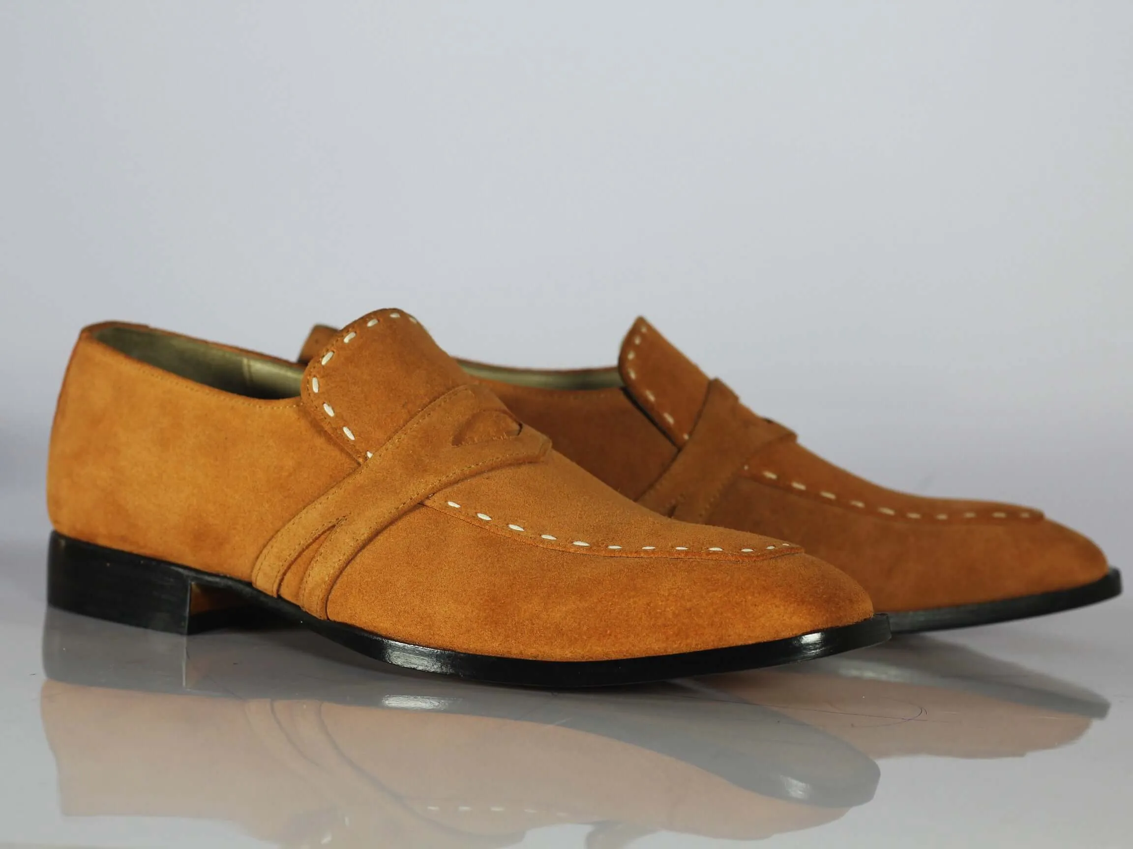 Handmade Men's Tan Suede Penny Loafers, Men Designer Formal Dress Luxury Shoes