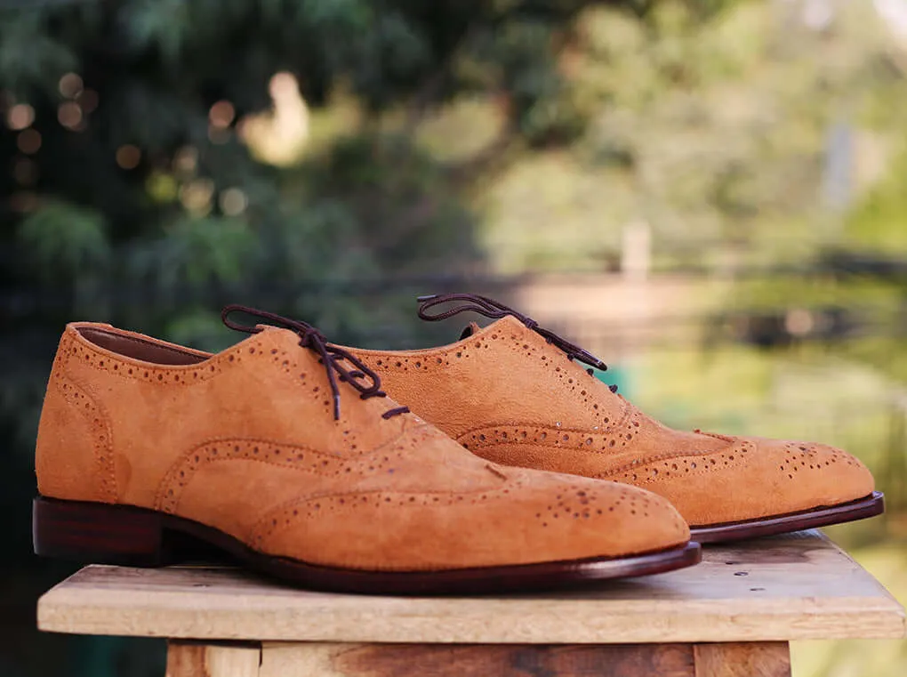 Handmade Men’s Tan Wing Tip Brogue Suede Shoes, Men Suede Dress Shoes