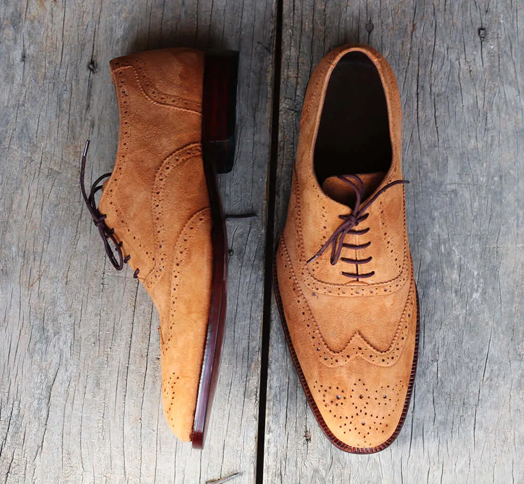 Handmade Men’s Tan Wing Tip Brogue Suede Shoes, Men Suede Dress Shoes