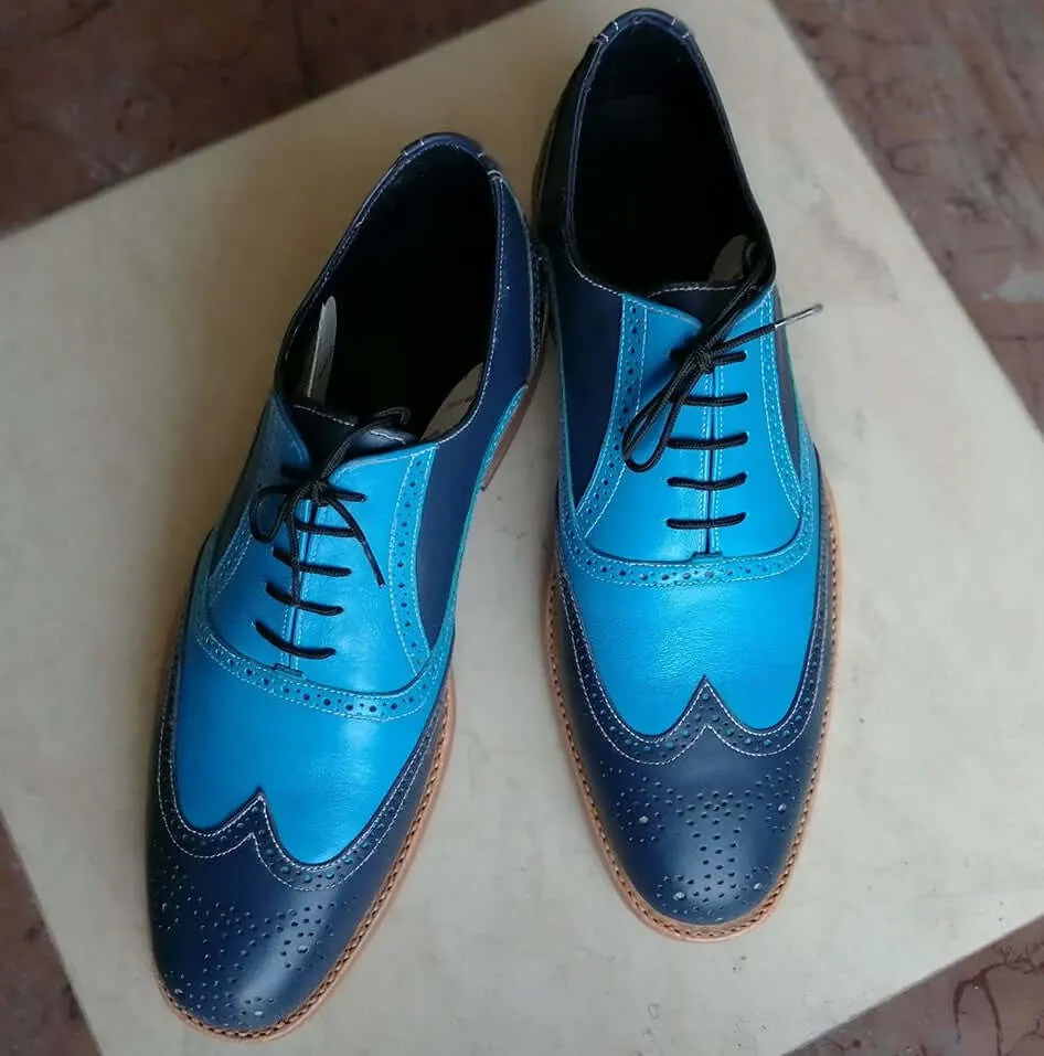 Handmade Men's Two Tone Blue Leather Wing Tip Brogue Lace Up Shoes, Men Dress Formal Shoes