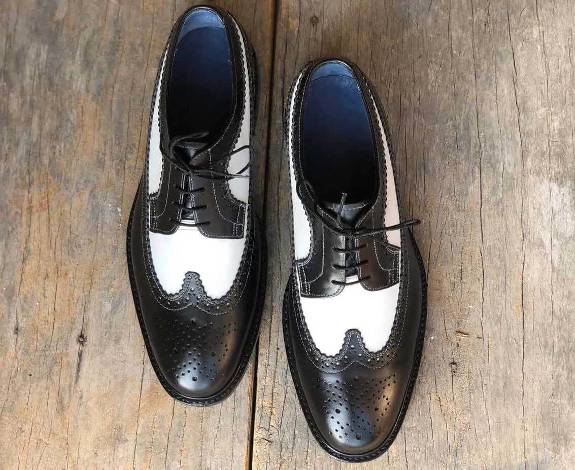 Handmade Men's White Black Wing Tip Brogue Leather Lace Up Shoes, Men Designer Dress Formal Luxury Shoes