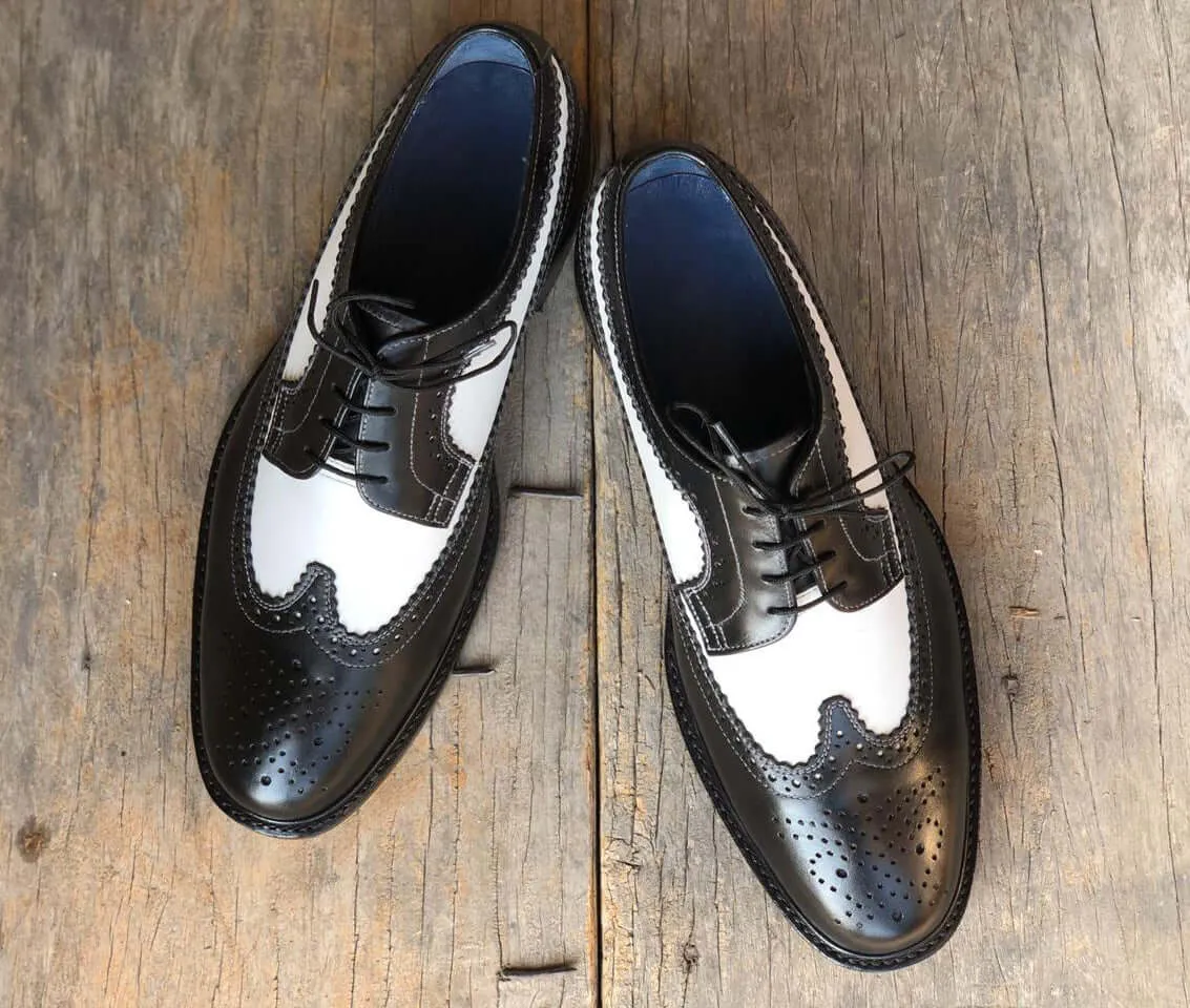 Handmade Men's White Black Wing Tip Brogue Leather Lace Up Shoes, Men Designer Dress Formal Luxury Shoes