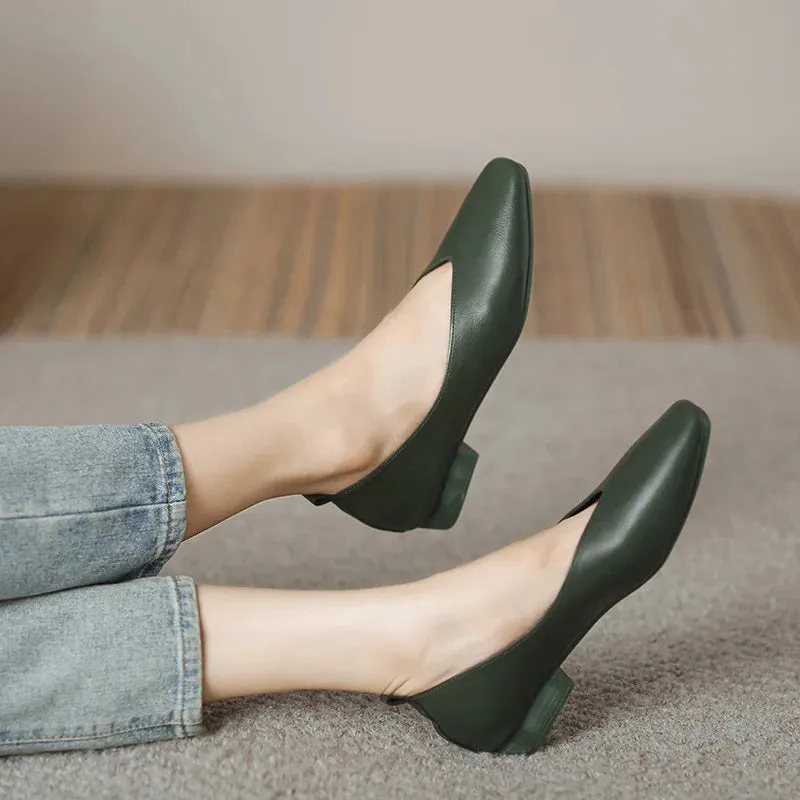 Hnzxzm Woman Elegant Summer French Square Toe Green Mary Janes Cute Casual Flats Female Retro Shoes Low Heeled Soft Soled Flat Shoes