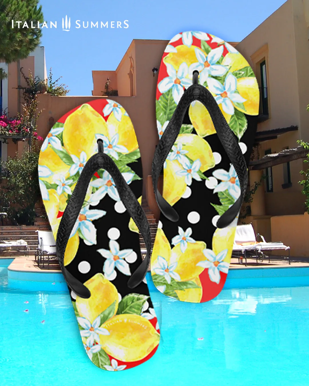 Italy Flip Flops LEMONS and POLKADOTS, (Black) Italy lemons, Amalfi lemons, Capri lemons, Italy travel, Italy beach, Italy lovers, Italy vacay