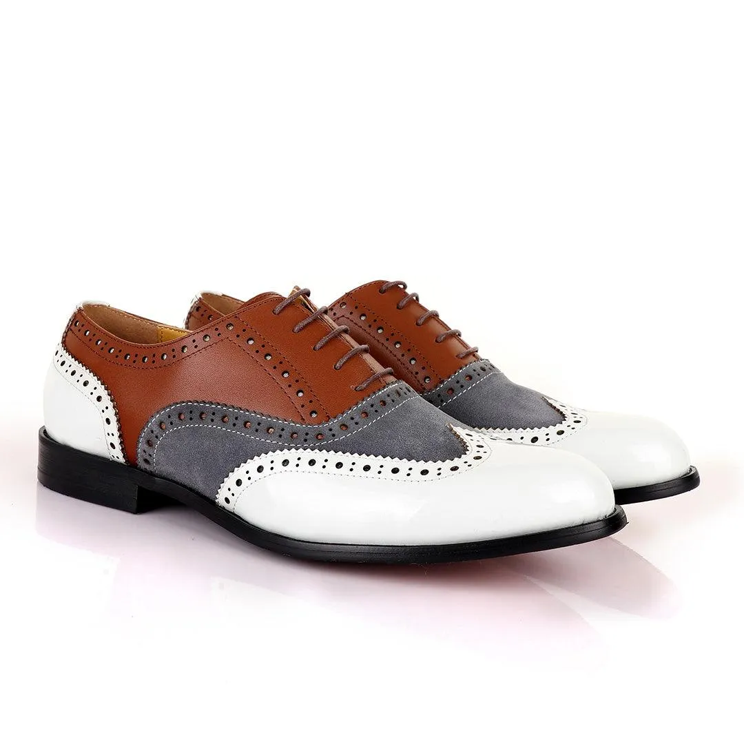 John Mendson Oxford Lace Up White Grey and Brown Shoes